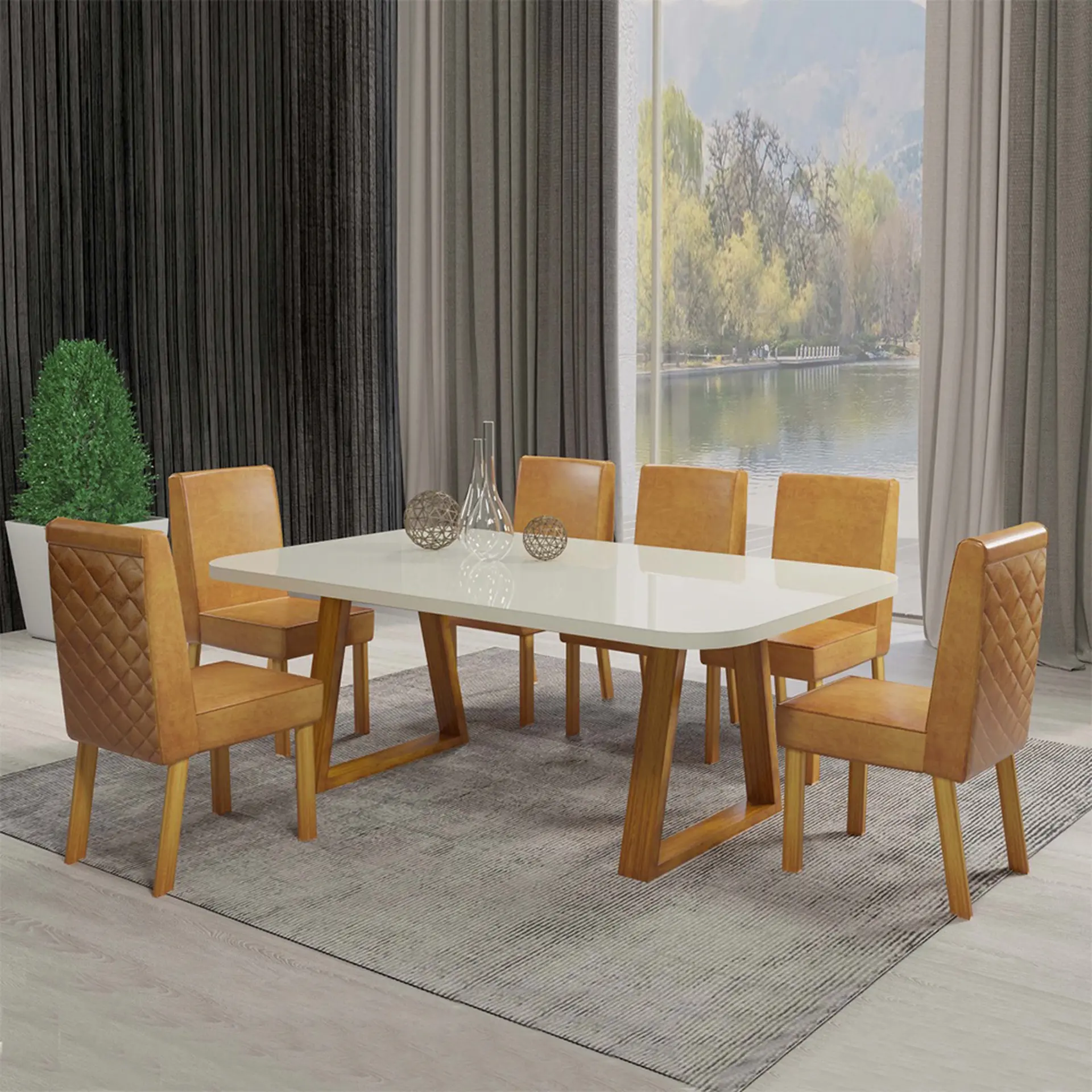 Conjunto de Mesa 6 Cadeira Tampo com Vidro Sofistic Bom Pastor - Naturale Off