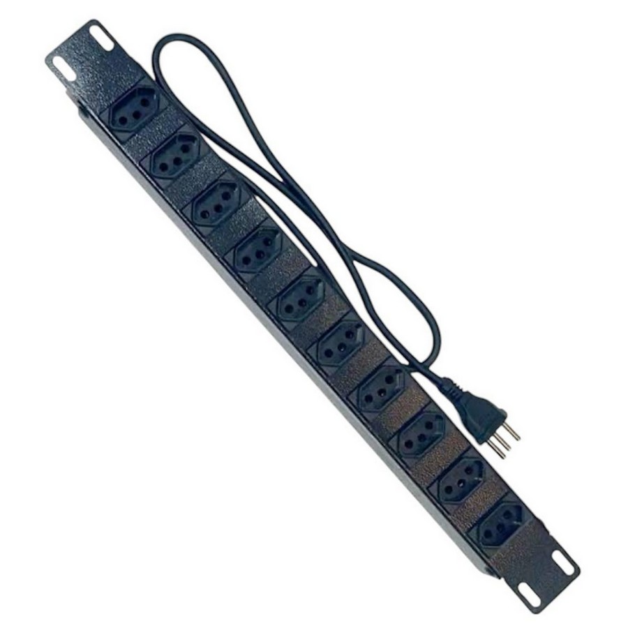 Régua para Rack 19’' 10 Tomadas 10A  2P+T Cabo de 1,5m 19 Polegadas Preto Fibra Metal RT10TOM