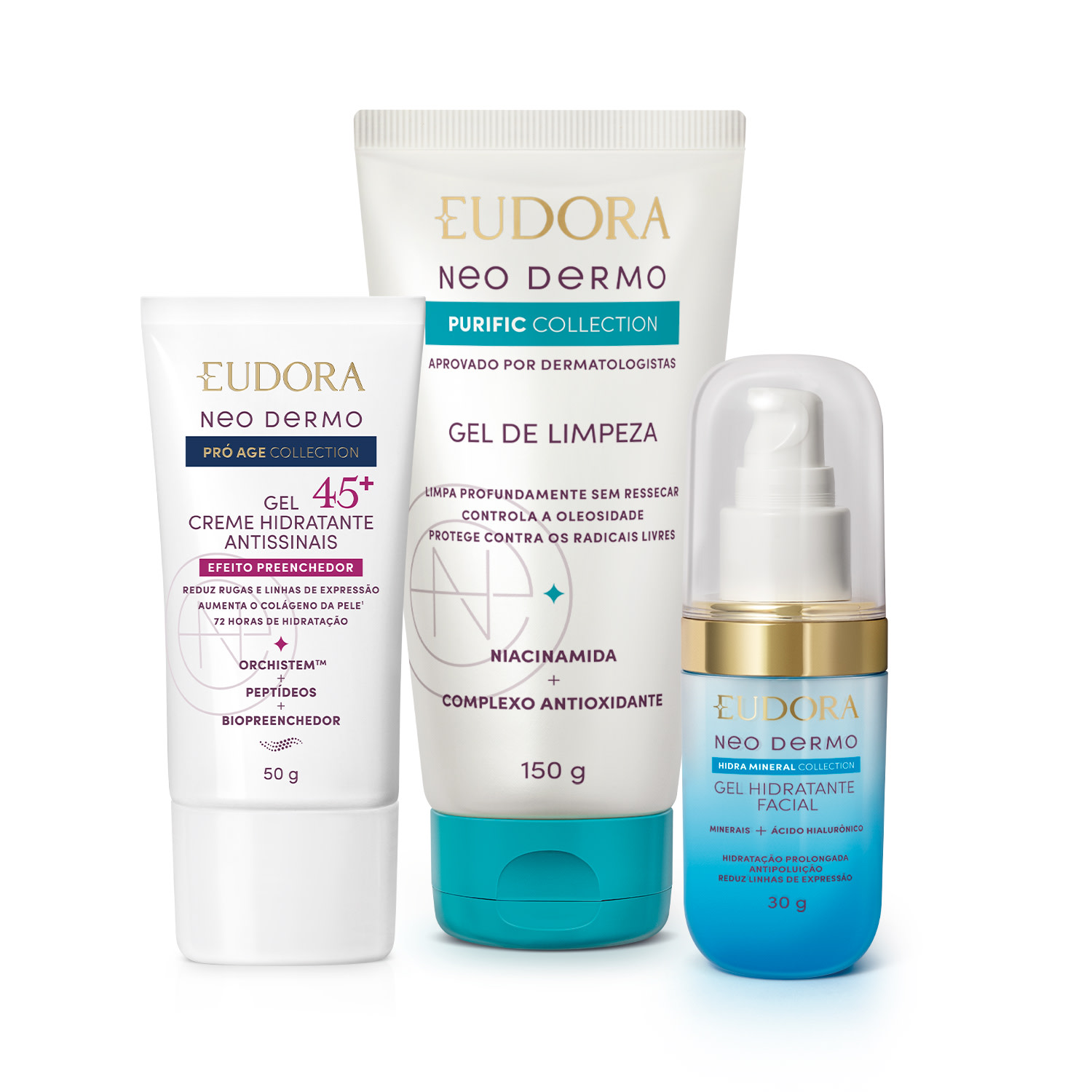 Combo Neo Dermo: Gel de Limpeza Purific Collection 150g + Gel Hidratante Facial Hidra Mineral Collection 30g + Gel Hidratante Facial Antissinais 45+ Pró Age Collection 50g