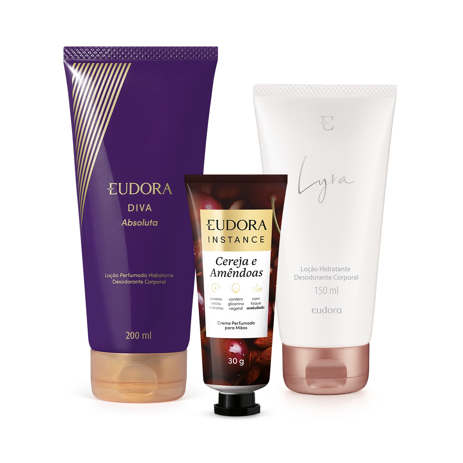Combo Eudora: Creme Para Mãos Instance Cereja e Amêndoas 30g + Loção Corporal Diva Absoluta 200ml + Loção Hidratante Desodorante Lyra 150ml