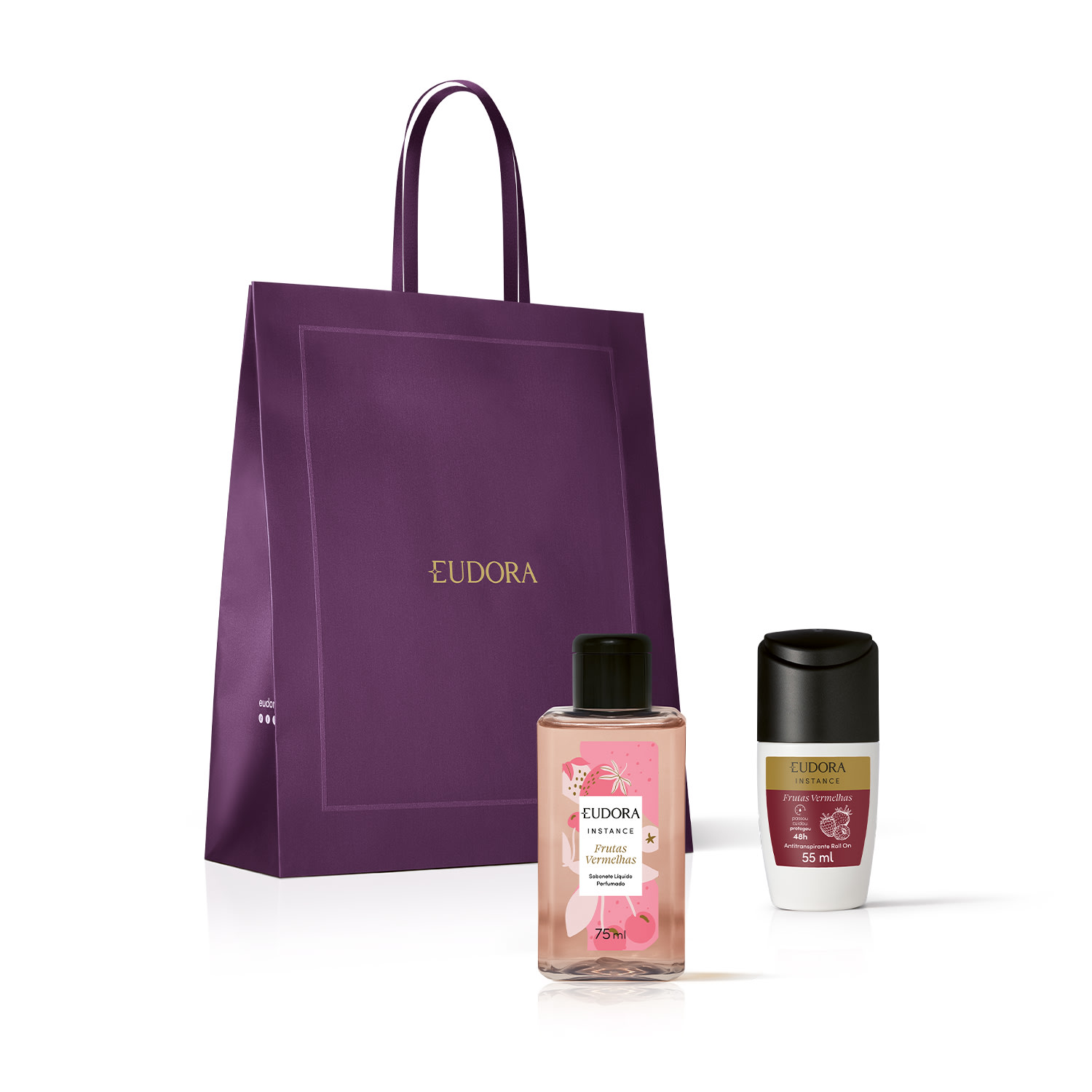 Combo Presente Instance Frutas Vermelhas: Sabonete Líquido 75ml + Antitranspirante 55ml + Sacola