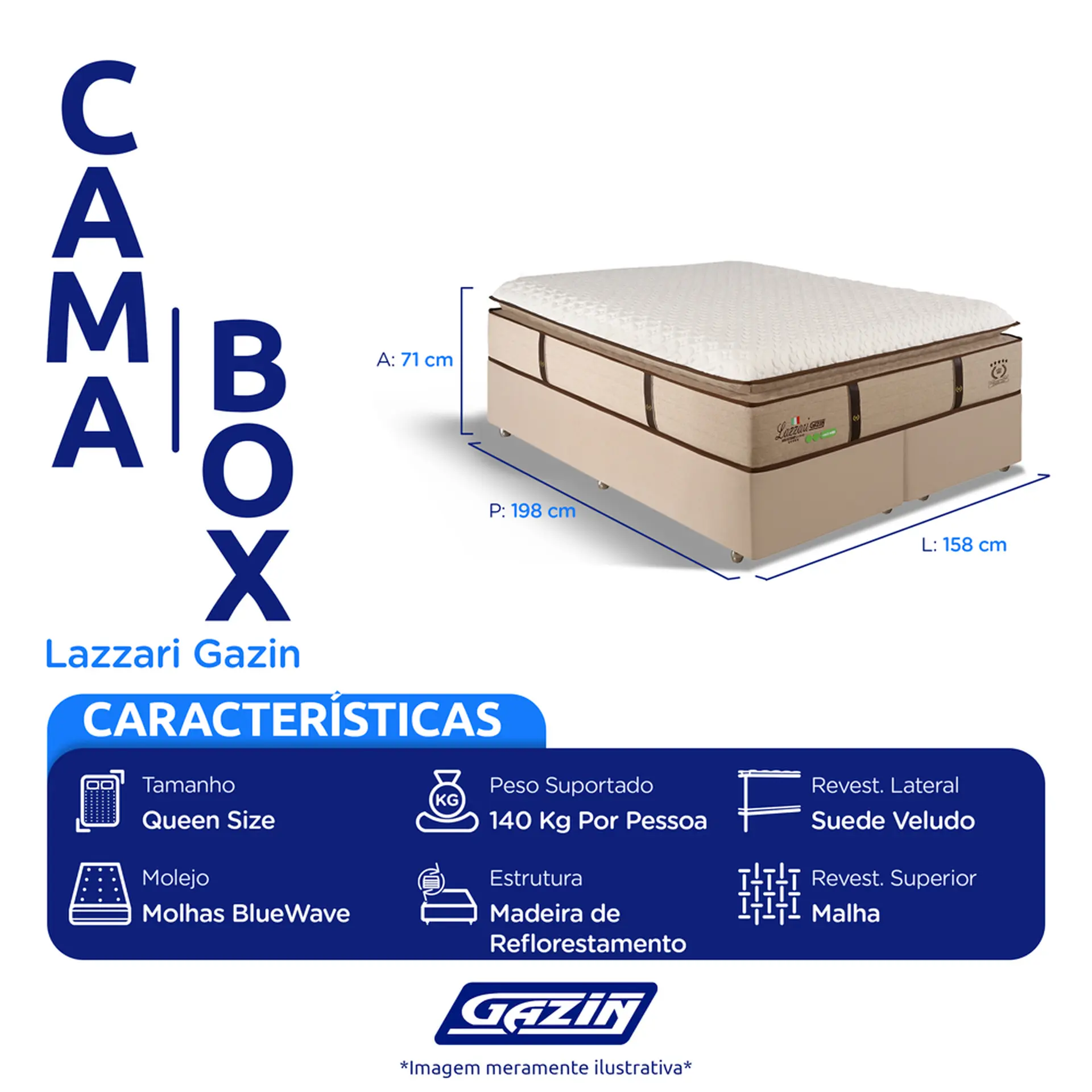 Colchão Cama Box Gazin Molas BlueWave Queen Size Lazzari 158x198
