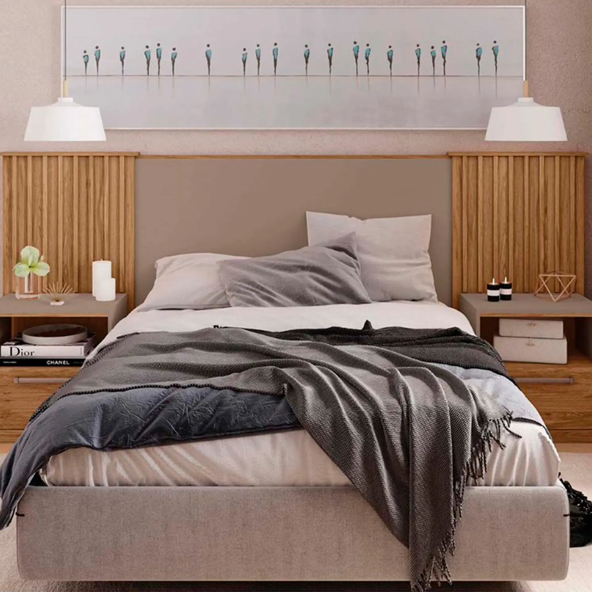 Cabeceira Casal Extensível até 325,6cm com Mesa de Cabeceira Lucius Caemmun - Buriti/Fendi