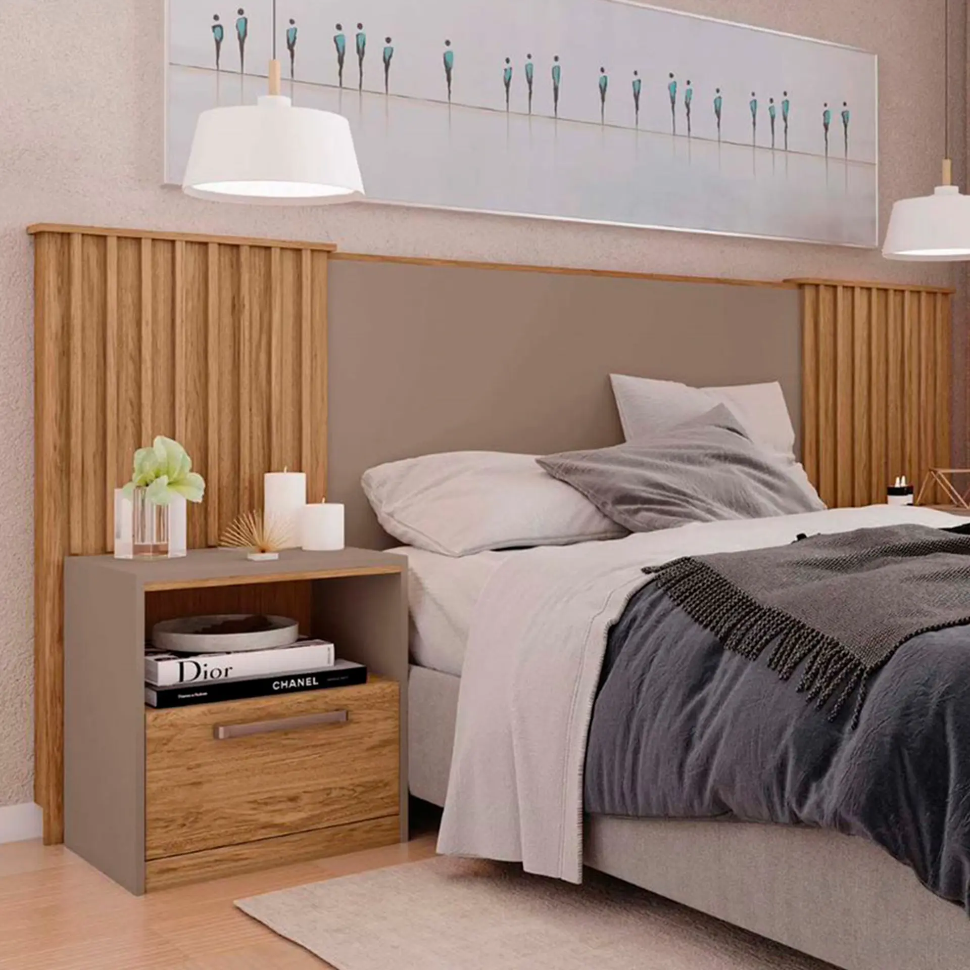 Cabeceira Casal Extensível até 325,6cm com Mesa de Cabeceira Lucius Caemmun - Buriti/Fendi
