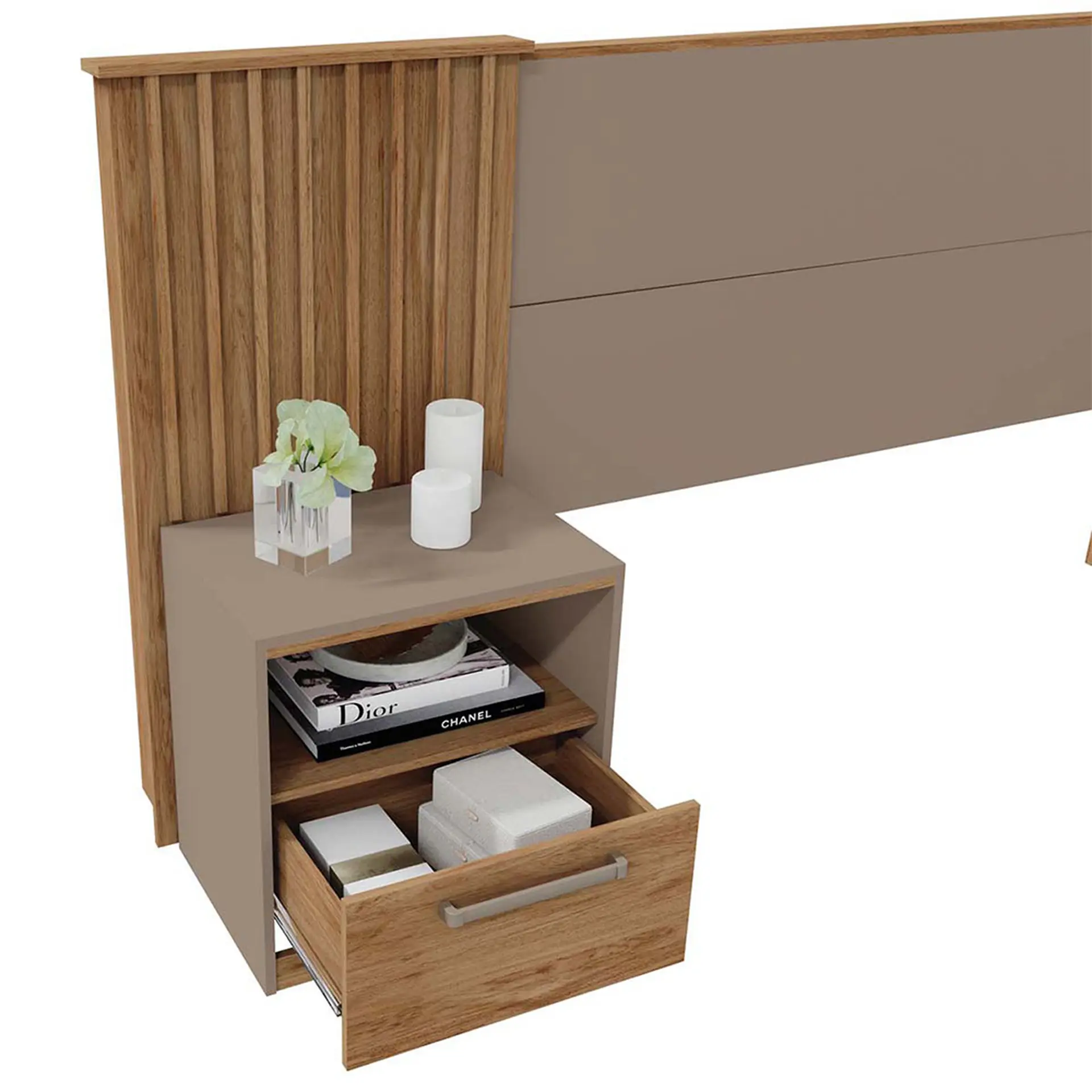 Cabeceira Casal Extensível até 325,6cm com Mesa de Cabeceira Lucius Caemmun - Buriti/Fendi