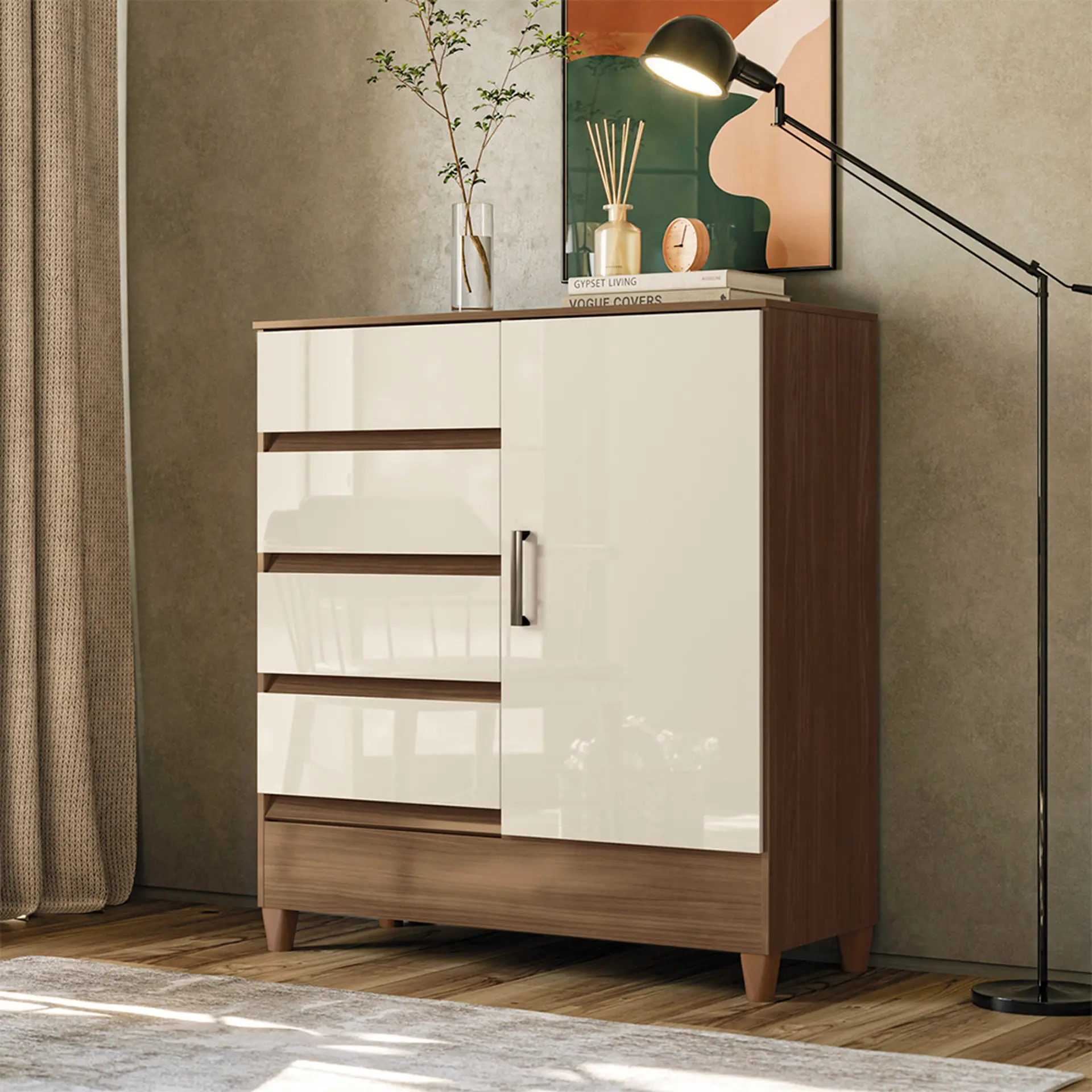 Cômoda 1 Porta Bater 4 Gavetas Fit 1.4 Santos Andirá - Jequitibá/Off