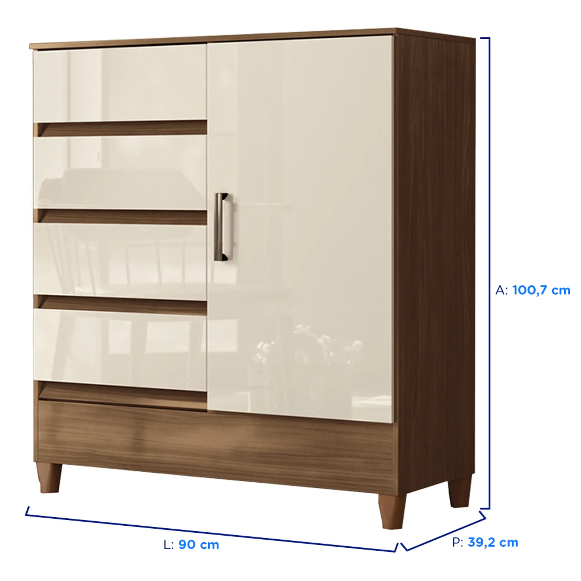 Cômoda 1 Porta Bater 4 Gavetas Fit 1.4 Santos Andirá - Jequitibá/Off