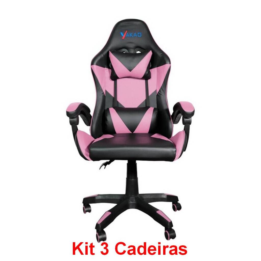Cadeira Gamer Giratória Preto e Rosa com Braço Ajuste de Altura e Encosto Reclinável Yakao - GC007PINK
