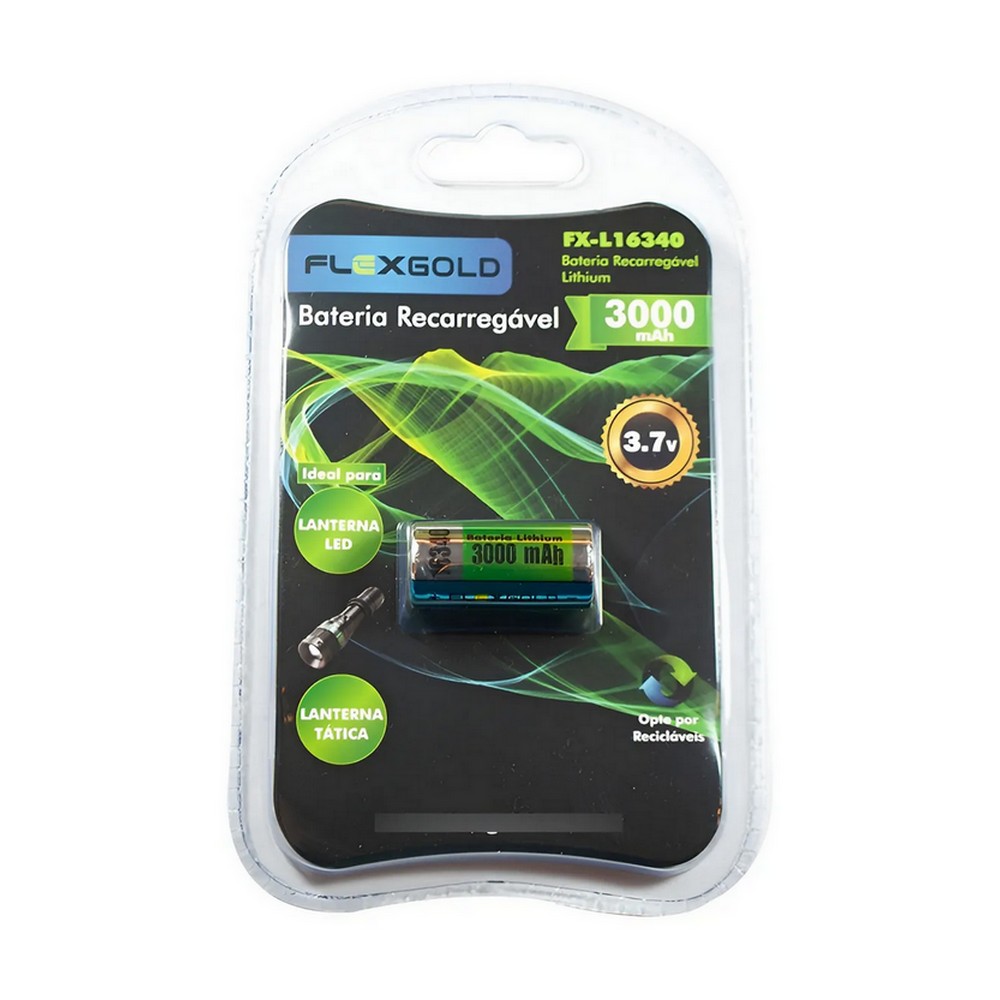 Bateria Lítio 16340 3,7V 3000mAh Recarregável Flex Unitário FXL16340