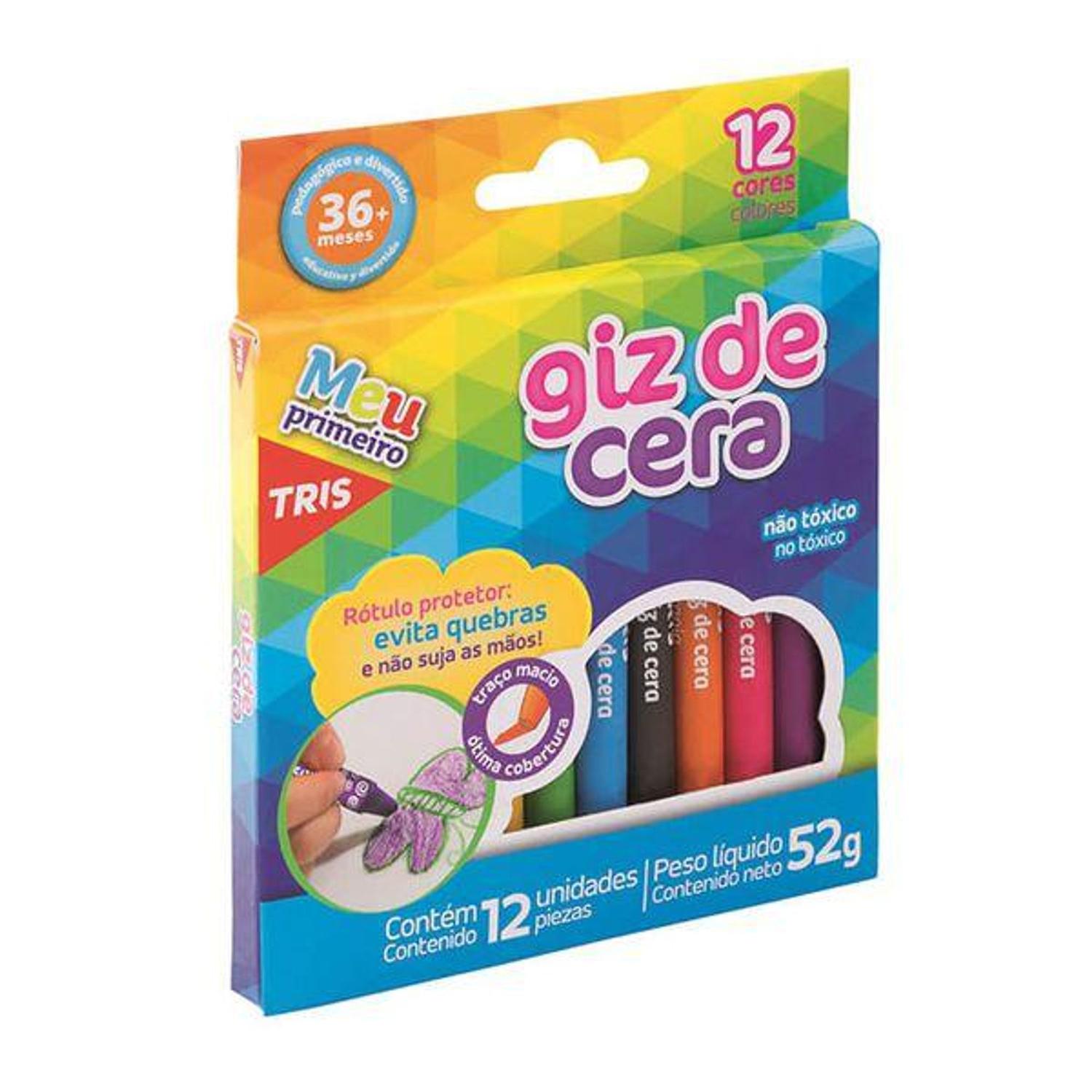 Giz de Cera TRIS Fino com 12 Cores Traço Macio Ótima Cobertura