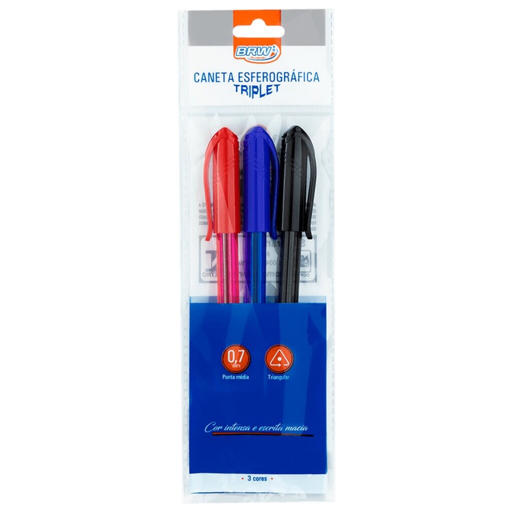 Caneta Esferográfica 0.7mm Triplet 3 Cores - BRW - Blister com 3 Unidades - CA0015