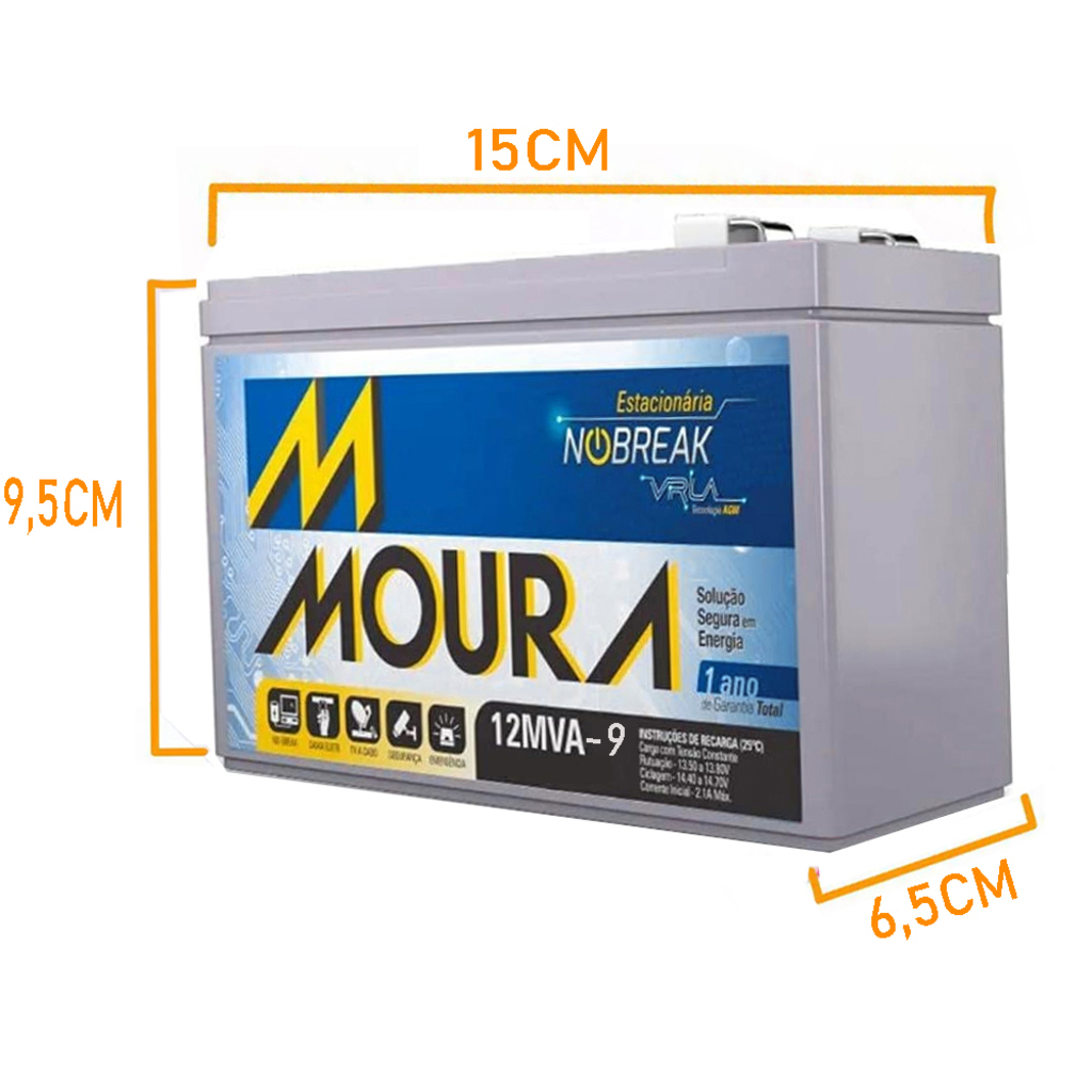 Bateria Selada para Alarmes e No-Breaks 9,0 Ah 12 Volts Moura - 12MVA-9