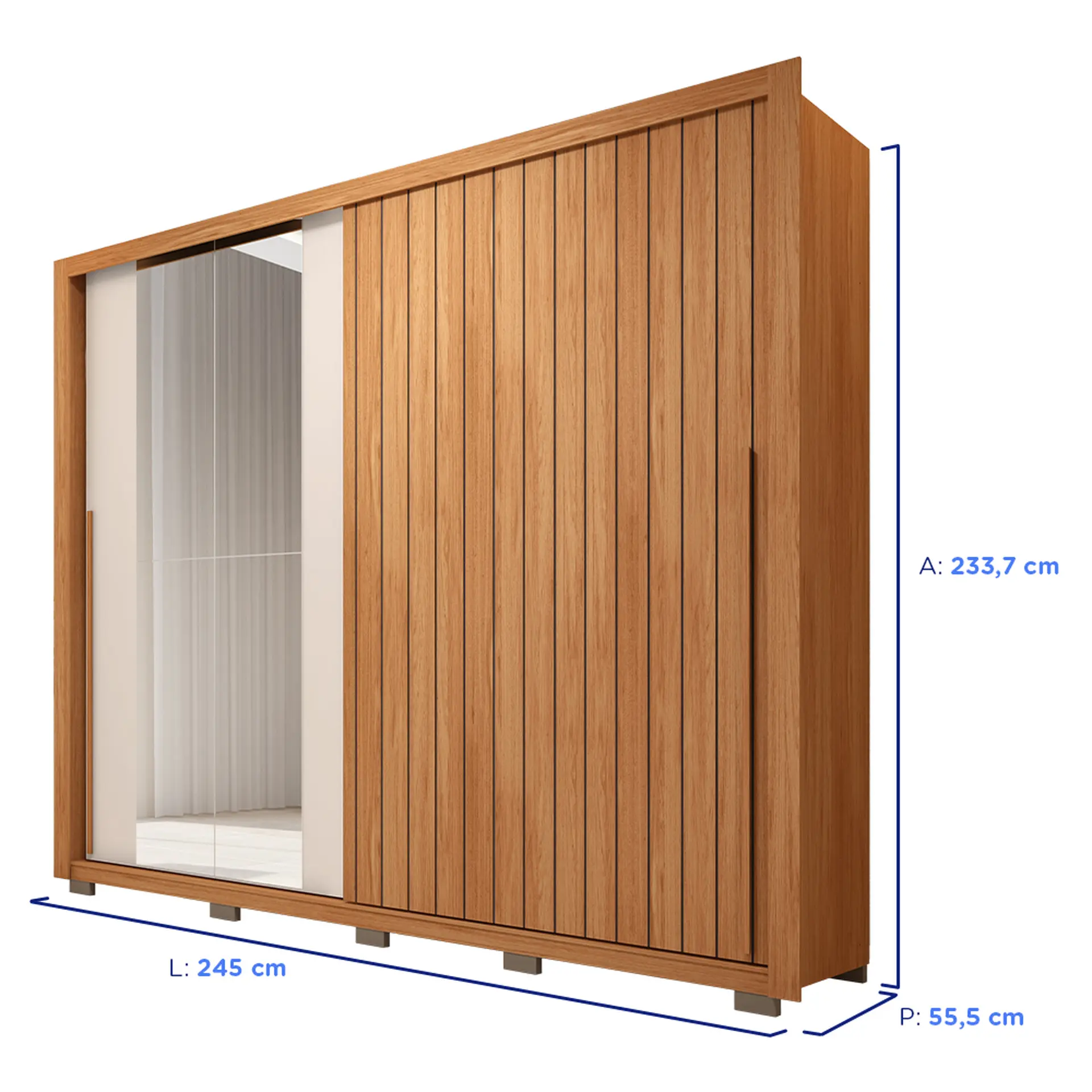 Guarda-Roupa Casal 2 Portas Correr 6 Gavetas Espelho Movimente Lux Caemmun - Freijo/Off White