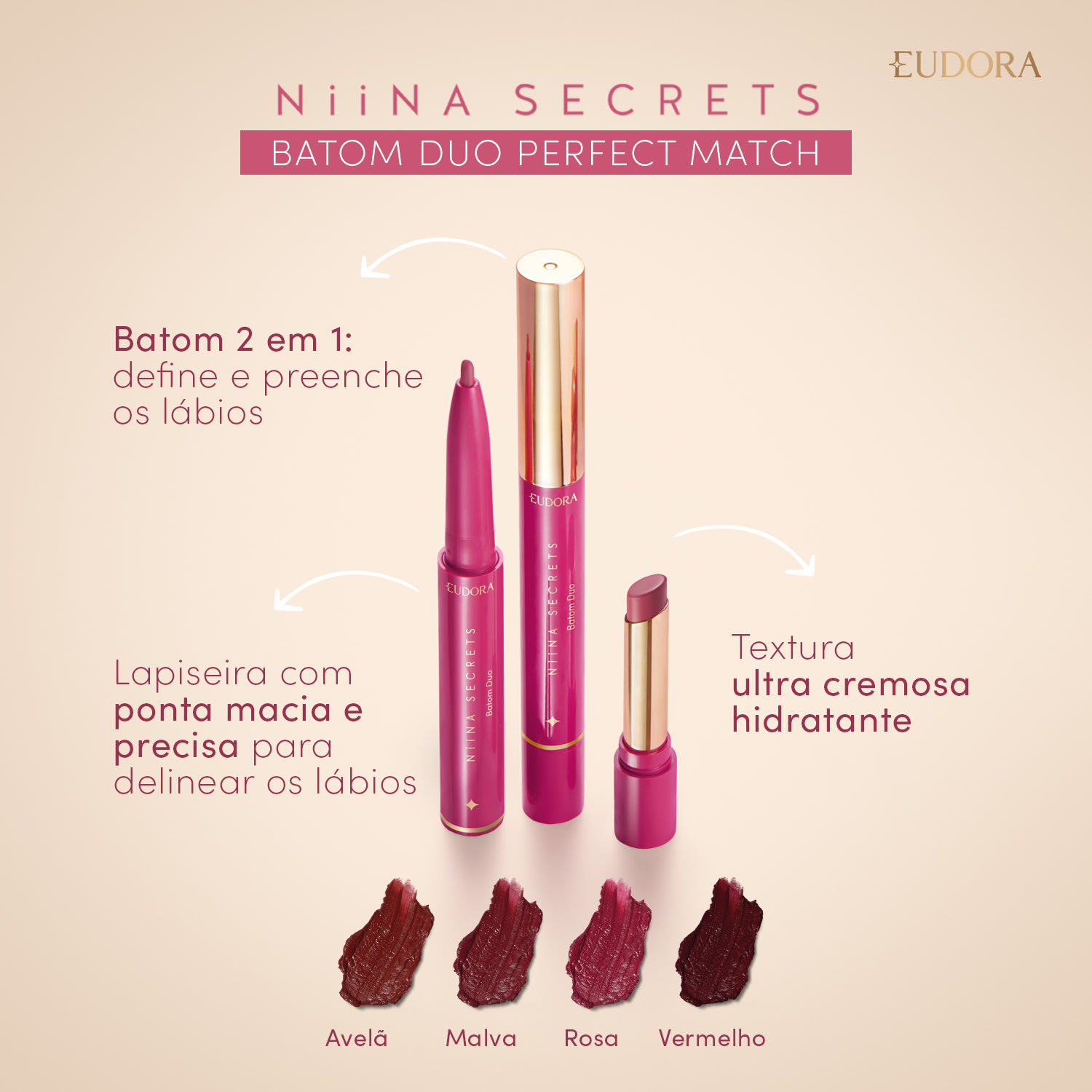 Batom Avelã Duo Perfect Match Niina Secrets 1,65g