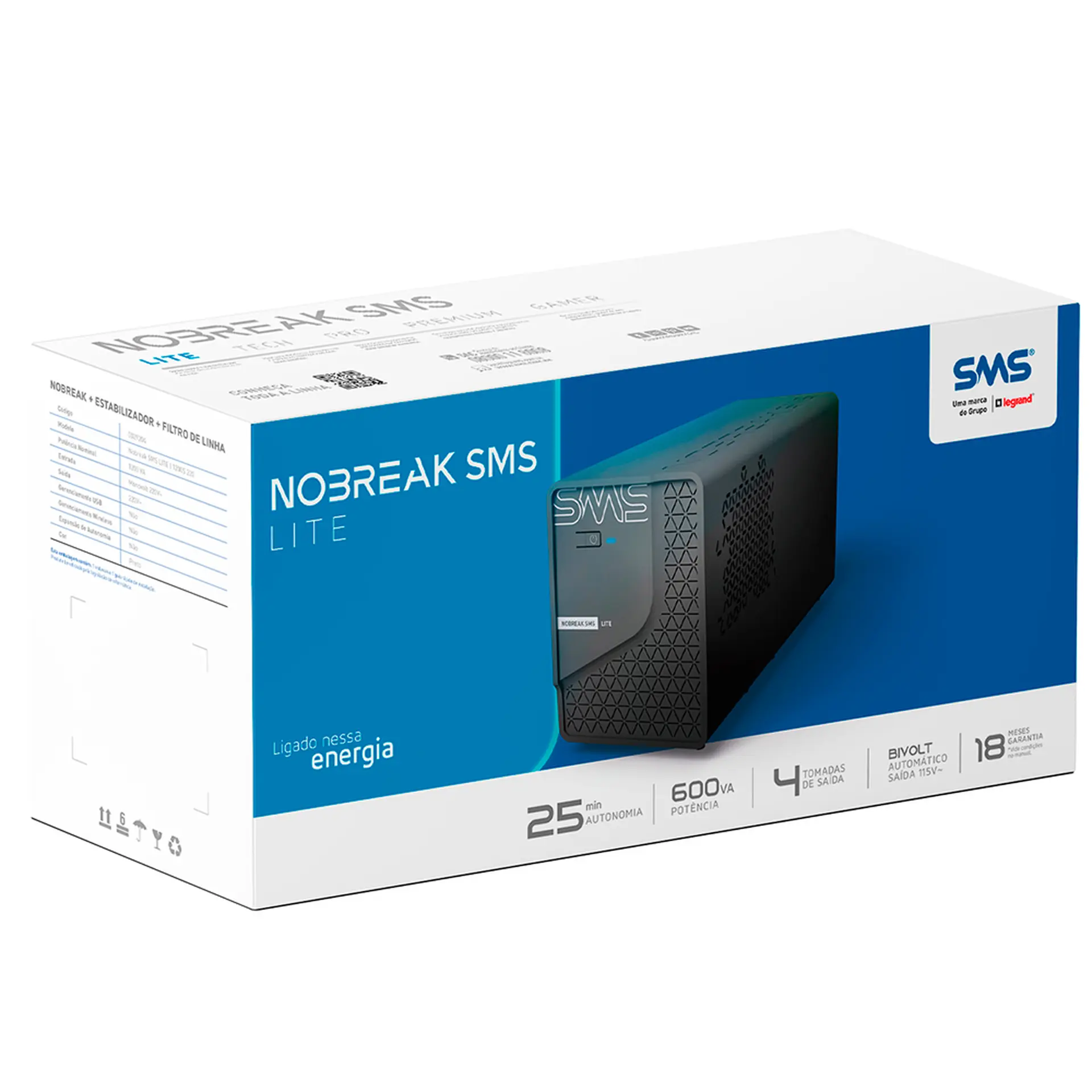 Nobreak SMS LITE 600VA 4 Tomadas 29202 - Preto - Bivolt