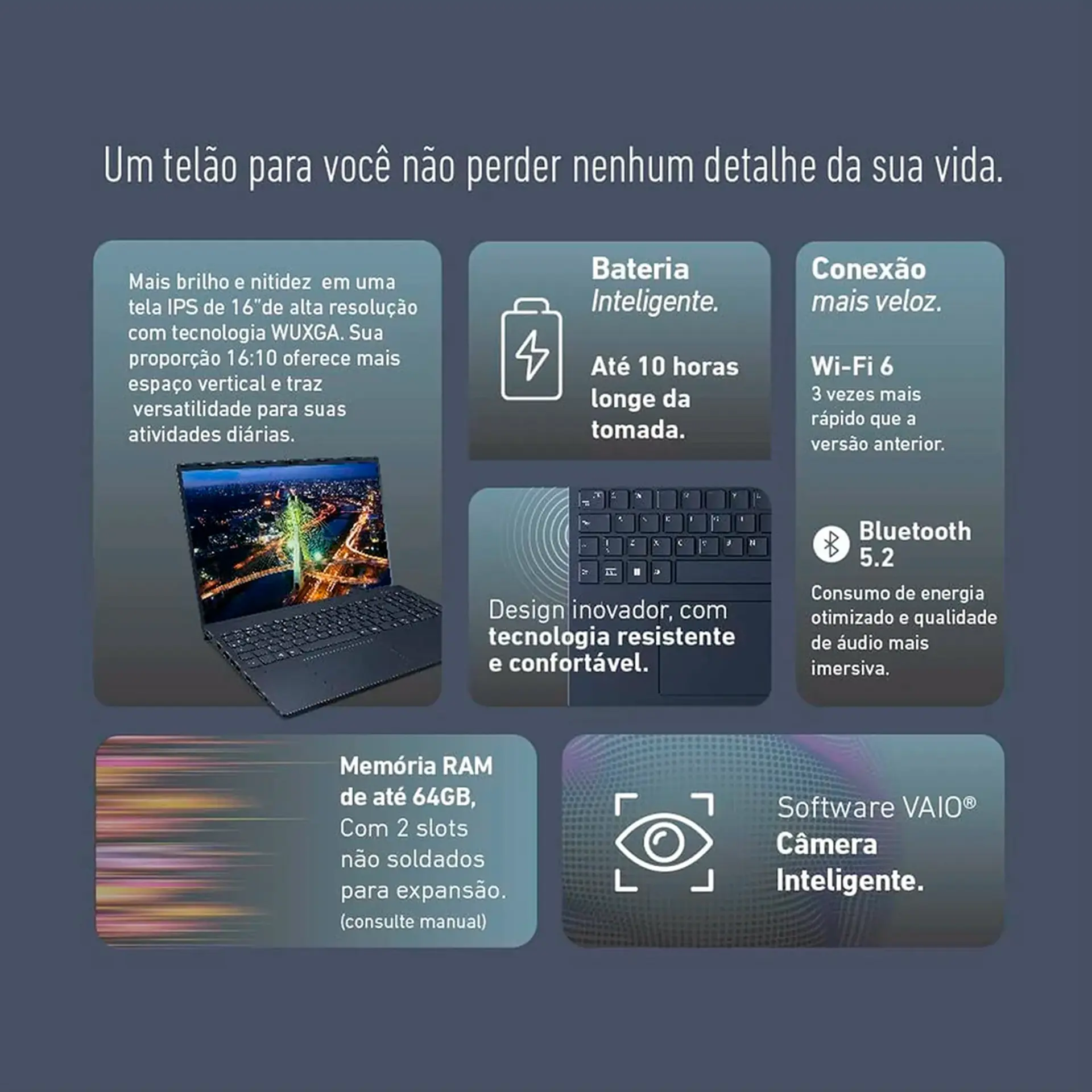 Notebook Vaio FE16 Ryzen 5-5625U Linux 16GB 512GB SSD 16" - Cinza - Bivolt