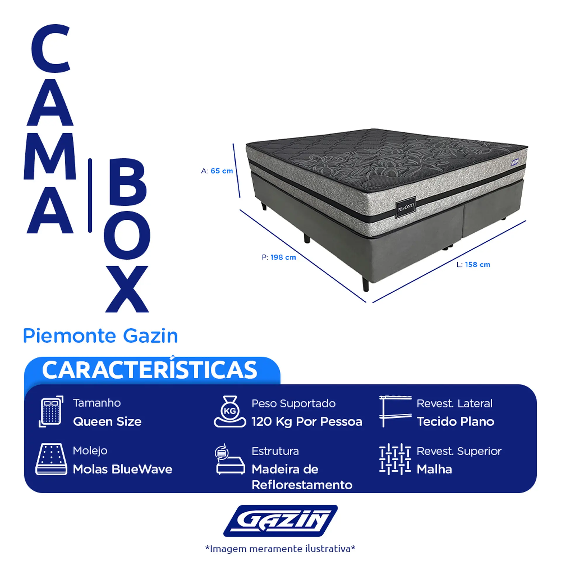 Colchão Cama Box Gazin Molas BlueWave Queen Size Piemonte 158x198 - Cinza