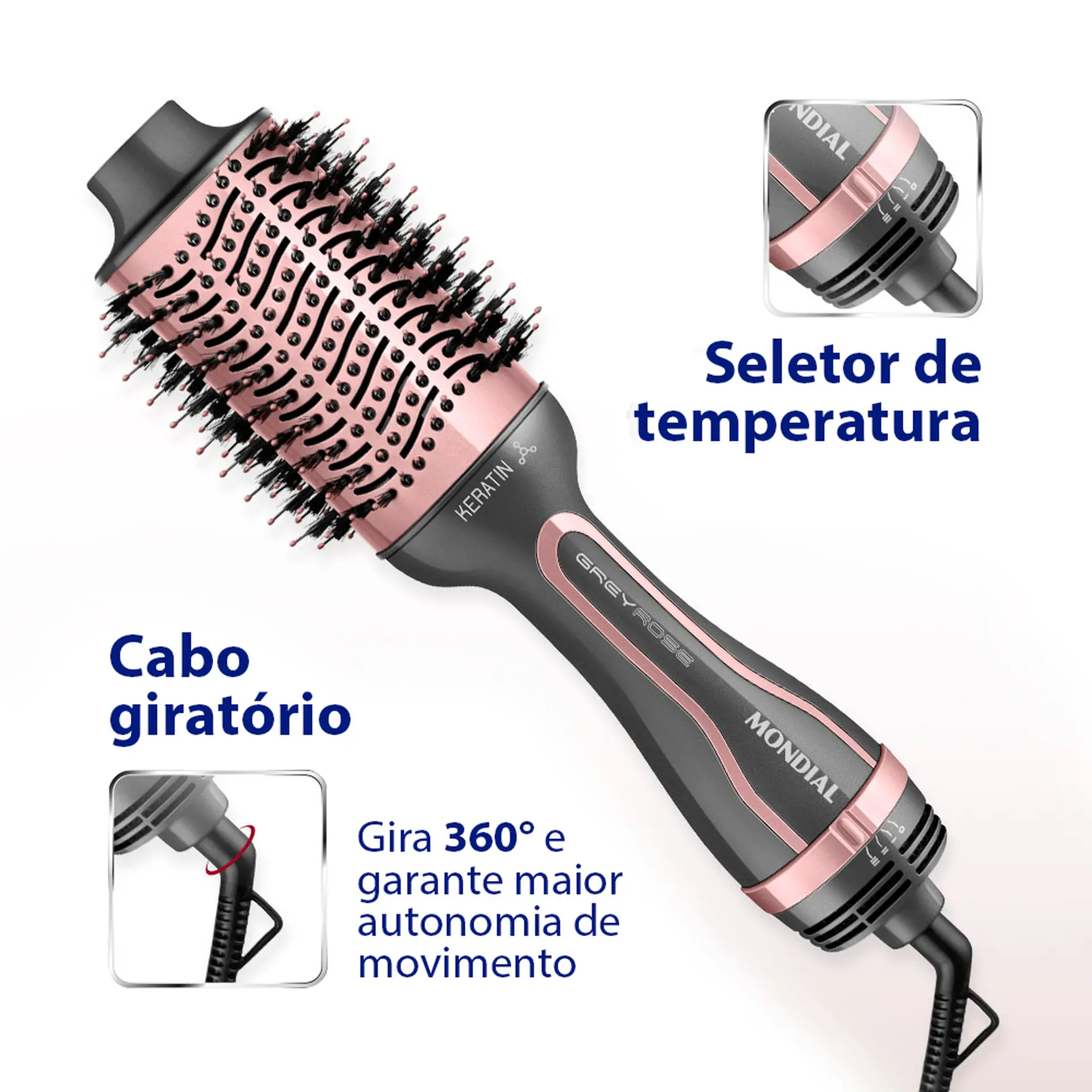 Escova Secadora Mondial Keratin 3 Temperaturas 1200W ES-11-BI - Grafite/Golden Rose - Bivolt