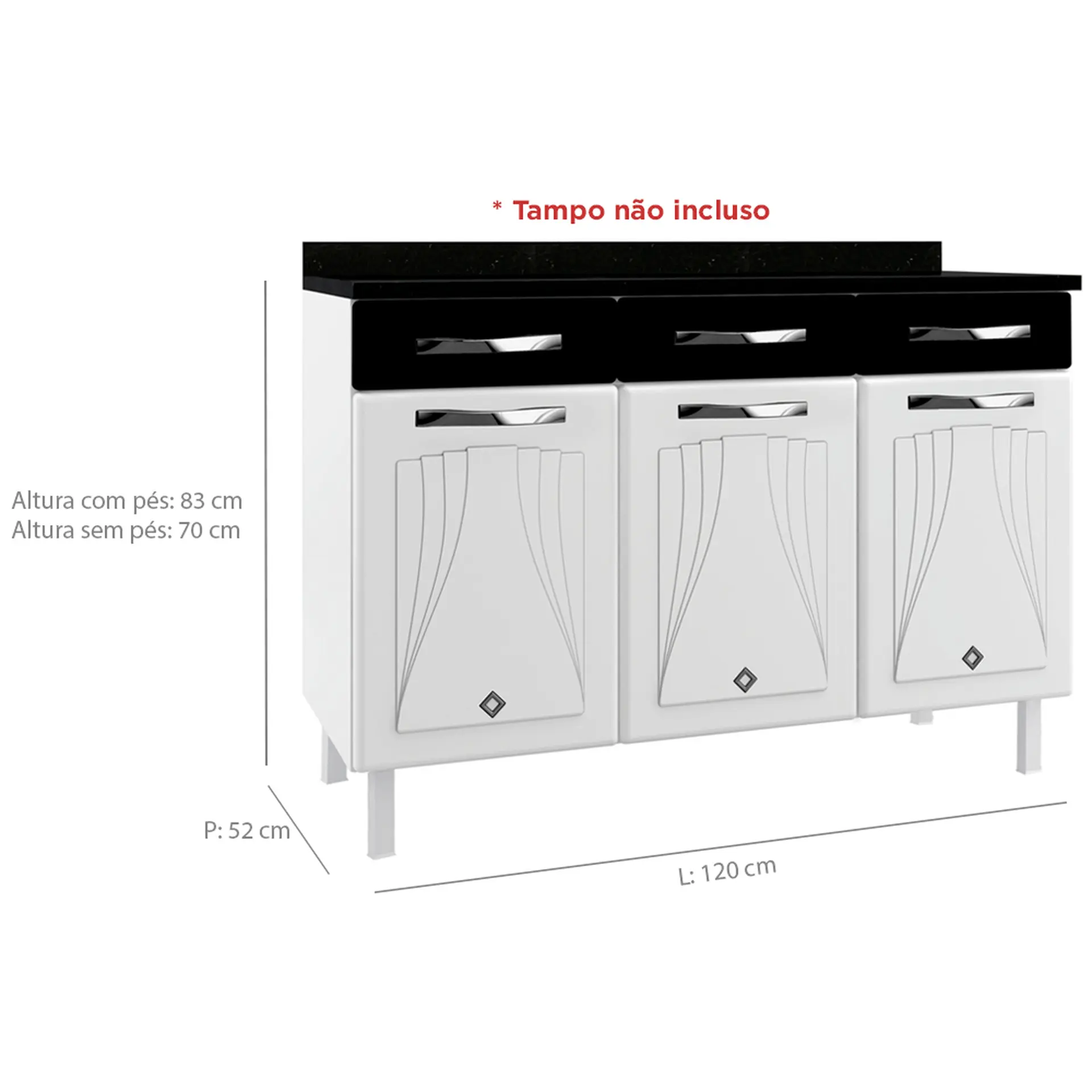 Balcão sem Tampo 3 Portas 2 Gavetas 120cm Star Telasul em Aço - Bco/Pto
