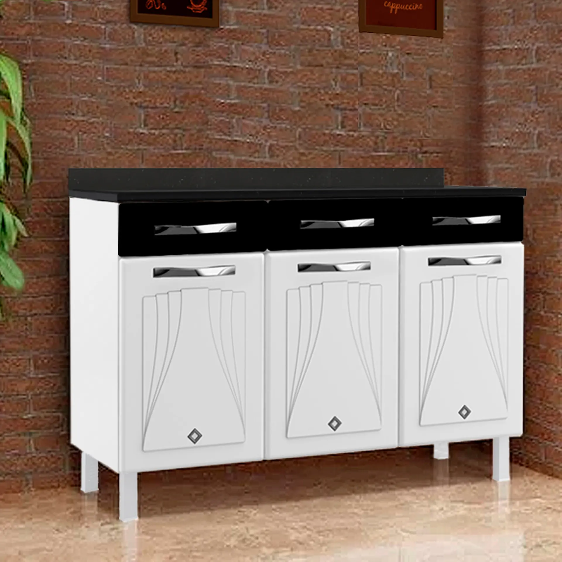 Balcão sem Tampo 3 Portas 2 Gavetas 120cm Star Telasul em Aço - Bco/Pto