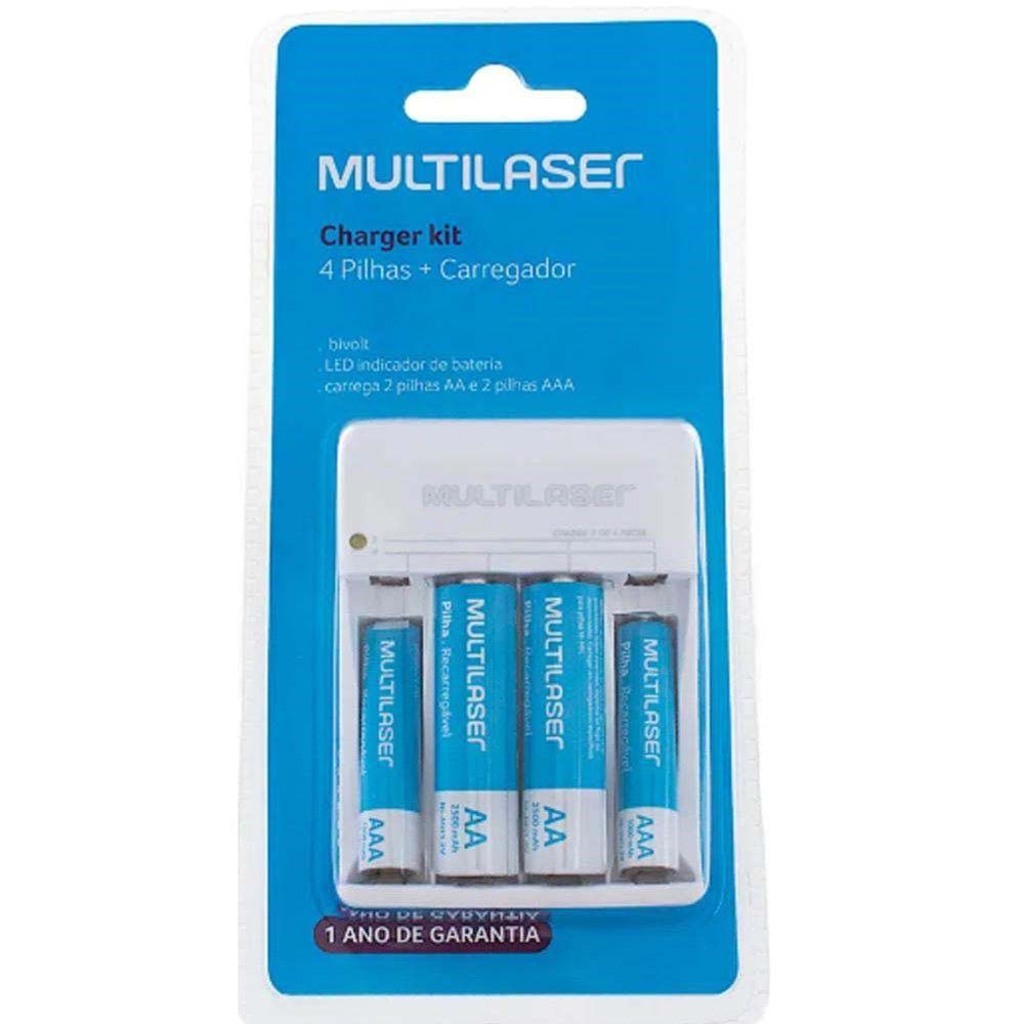 Carregador de Pilhas 2 ou 4 Pilhas AA/AAA Bivolt Multilaser - CB045 - Incluso 2 Pilha AA e 2 Pilha AAA