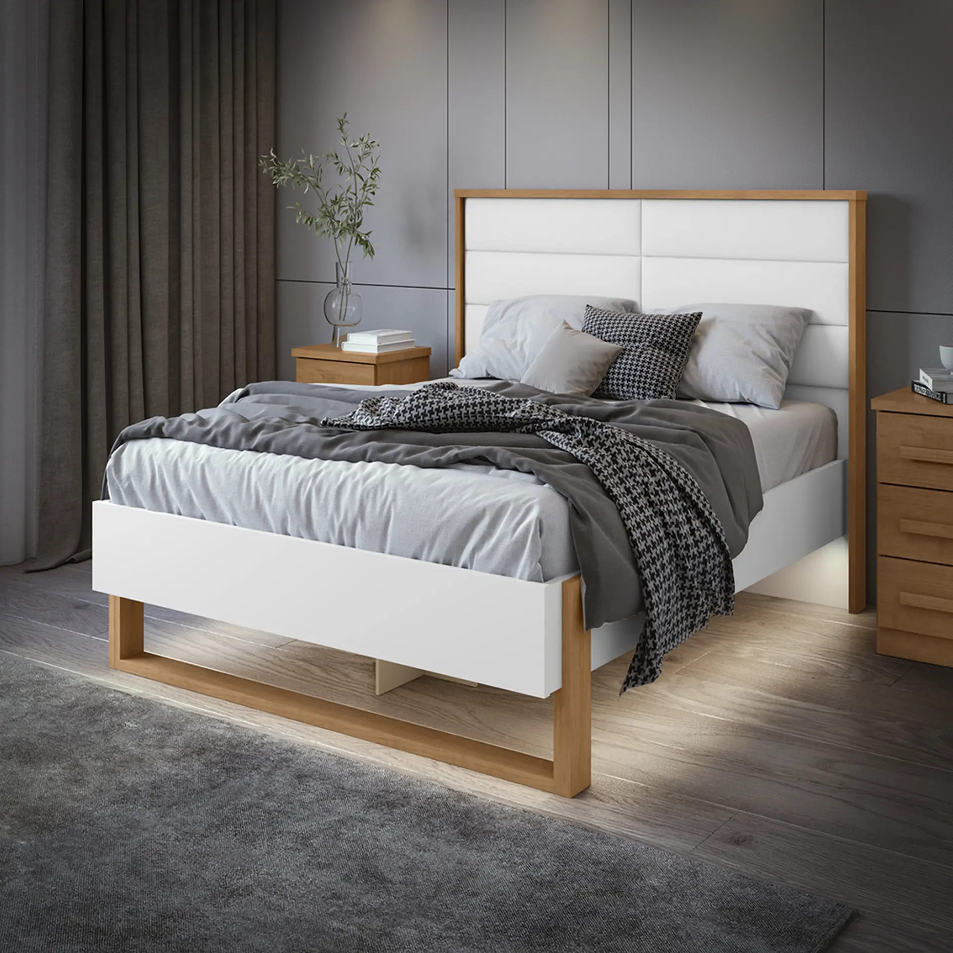 Cama Casal Freetown Lopas com Led - AMENDOA CLEAN/BRANCO