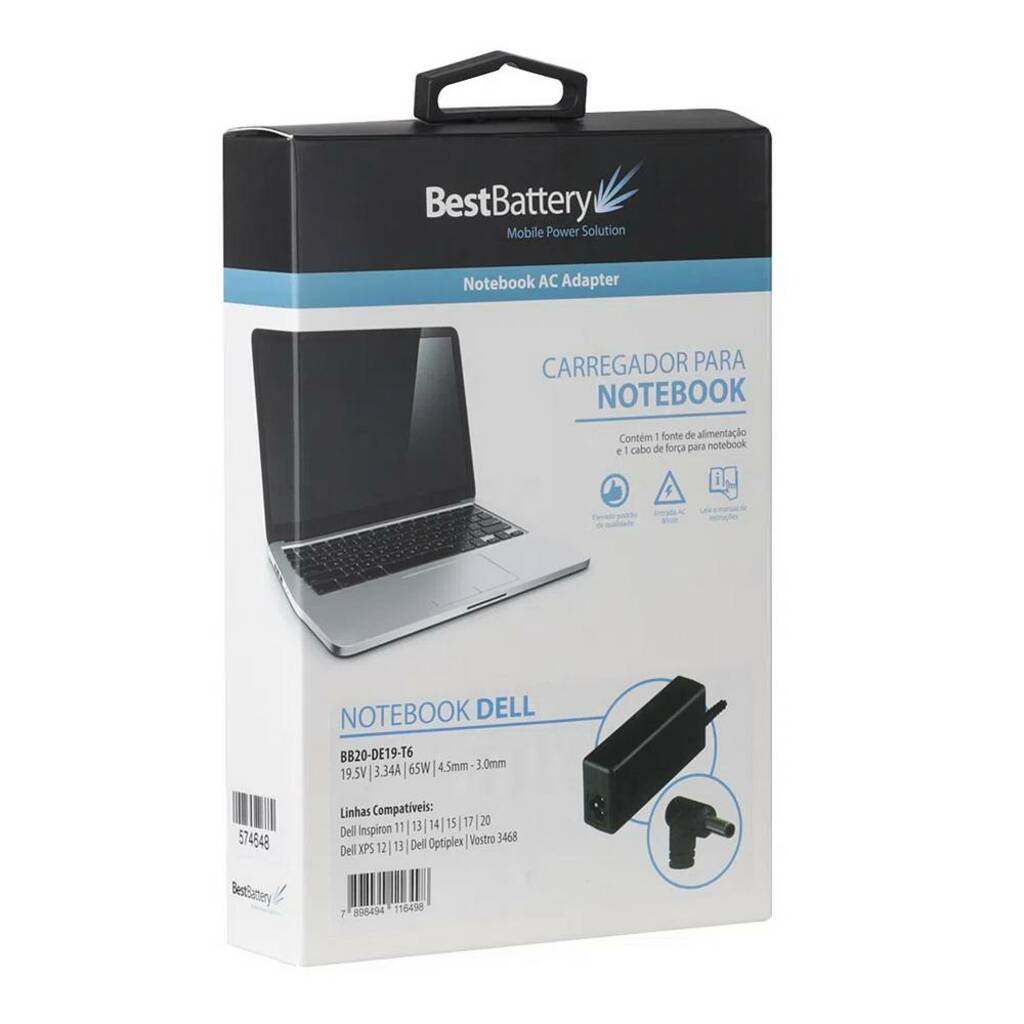 Fonte para Notebook Dell 65W 19,5V 3,34A Bivolt 4,5X3,0mm BestBattery - BB20-DE19T6