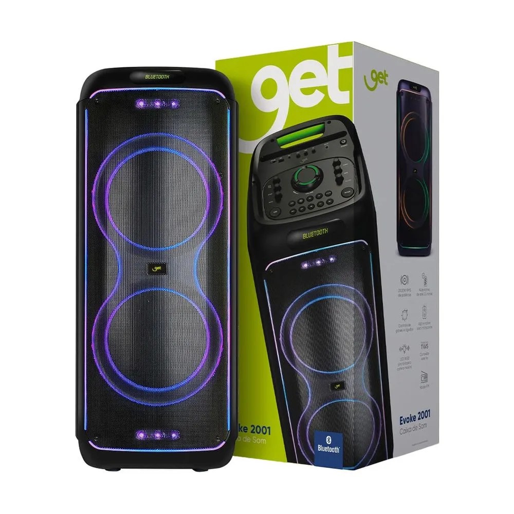 Caixa de Som Amplificada GT Evoke 2001 2000W RMS TWS Bluetooth USB Cartão de memória Entrada Auxiliar Goldentec Get 72427