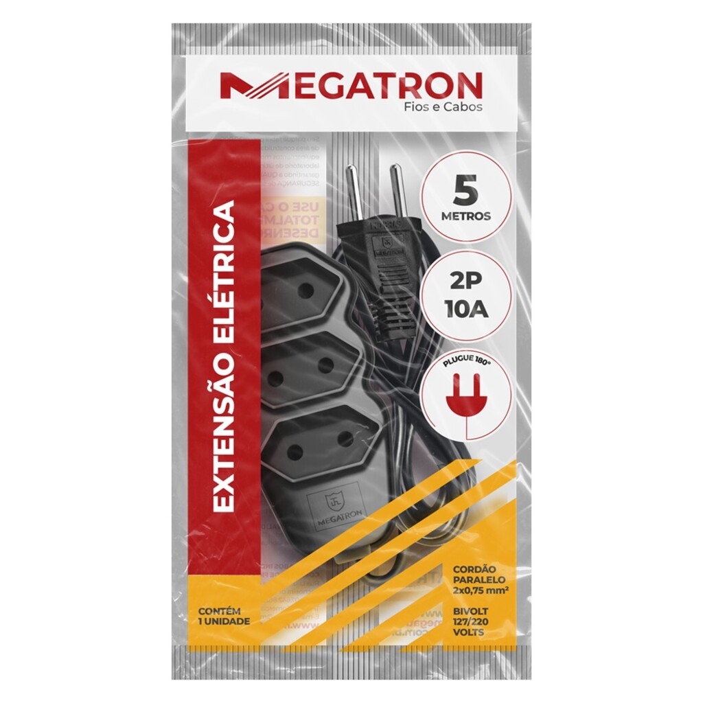 Cabo de Extensão 3 Tomadas Megatron 10A 5 Metros Bipolar Preto - 102