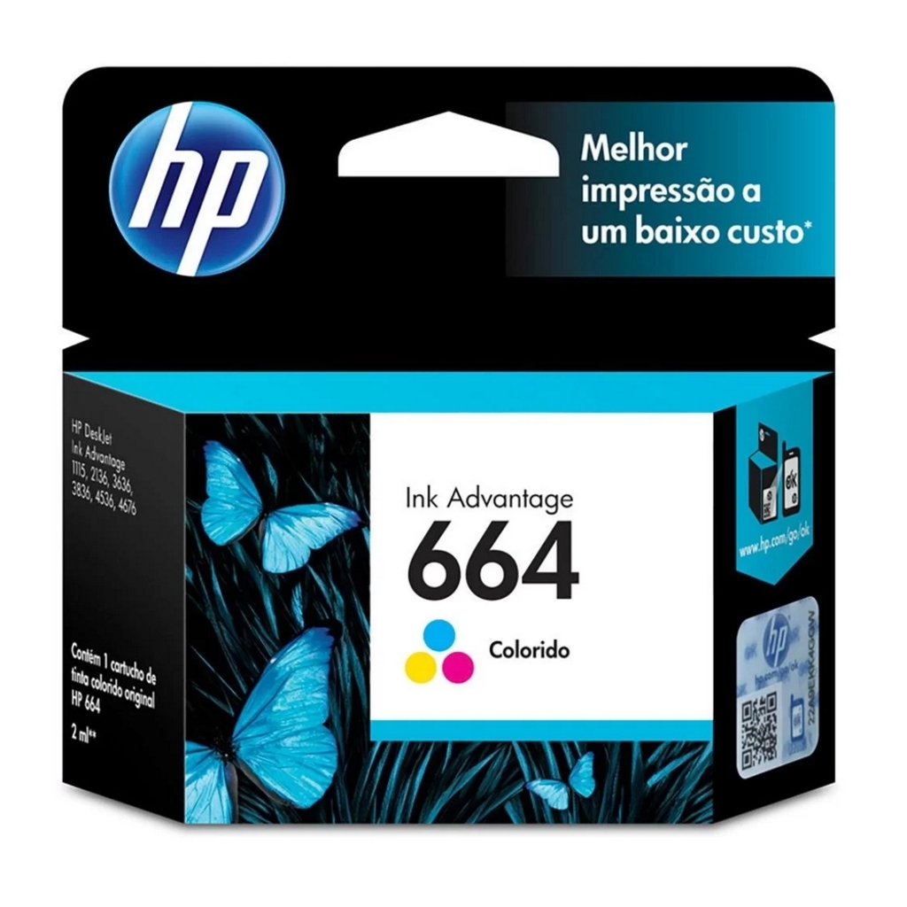 Cartucho de Tinta HP 664 Colorido Original - F6V28AB - 100 páginas para 2136, 2676, 3776, 5076, 5276, 2136, 2676, 3776, 5076, 5276