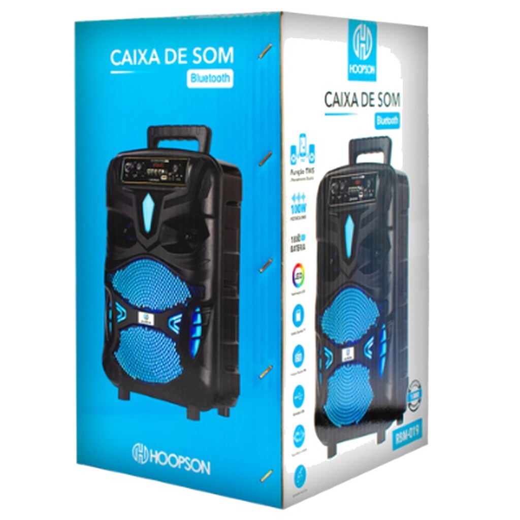 Caixa de Som Portátil Hoopson 100W Preto Bluetooth, USB, Auxiliar, Micro SD e FM - RBM-019