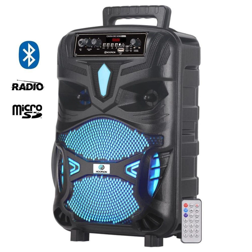 Caixa de Som Portátil Hoopson 100W Preto Bluetooth, USB, Auxiliar, Micro SD e FM - RBM-019