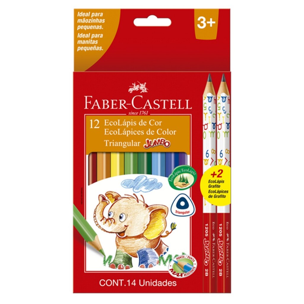 Lápis de Cor 12 Cores Triangular Jumbo + 2 Lápis Jumbo - Faber Castell - 125012+2