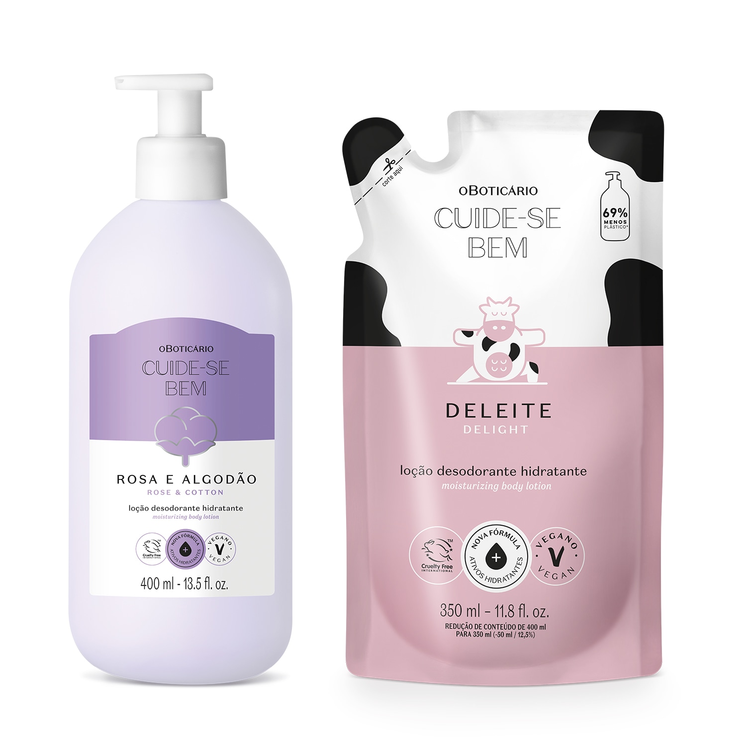 Combo Cuide-se Bem: Loção Corporal Rosa e Algodão 400ml + Refil Deleite 350ml
