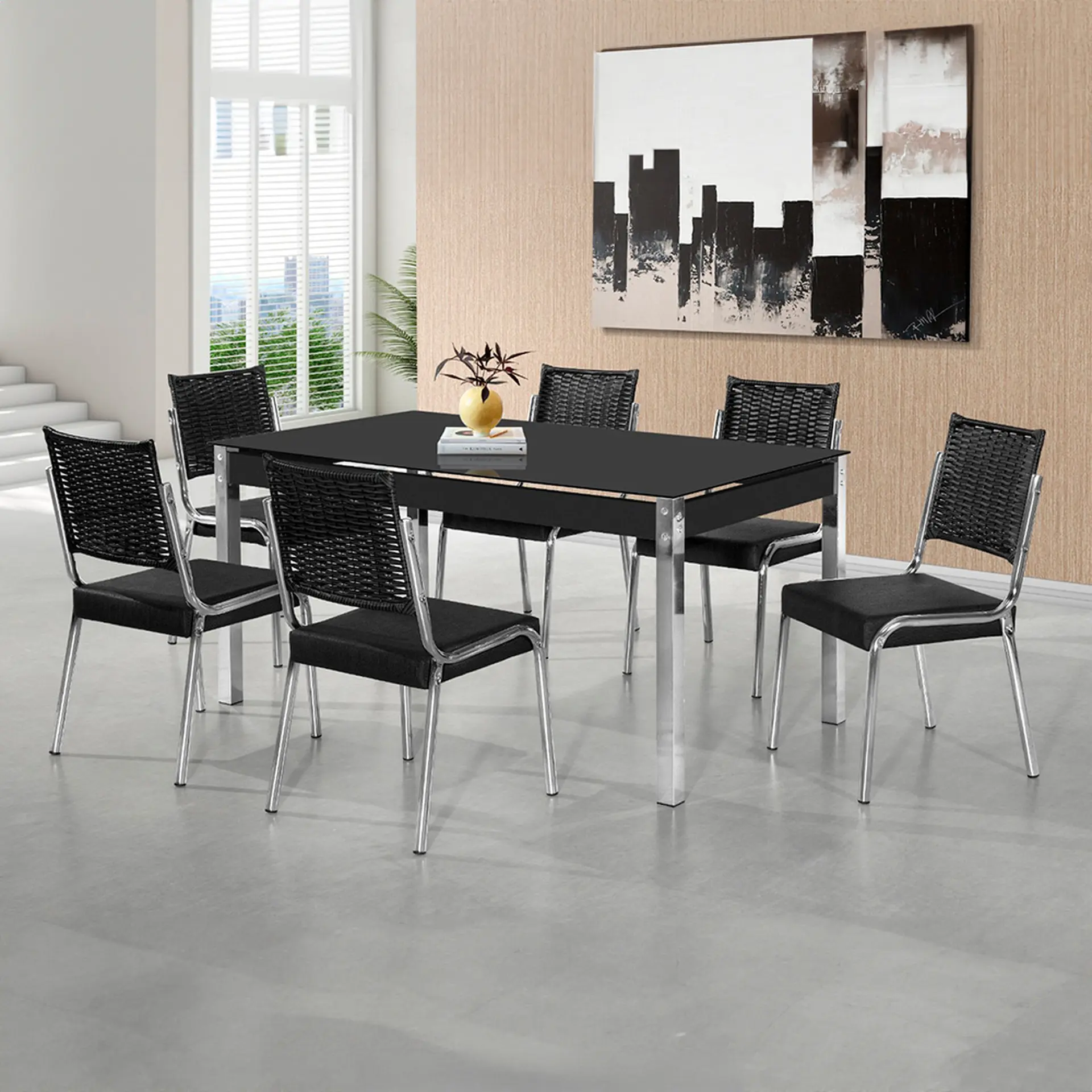 Conjunto de Mesa 6 Cadeiras Tampo de Vidro CR RT Aço Nobre - Cromada/Preto