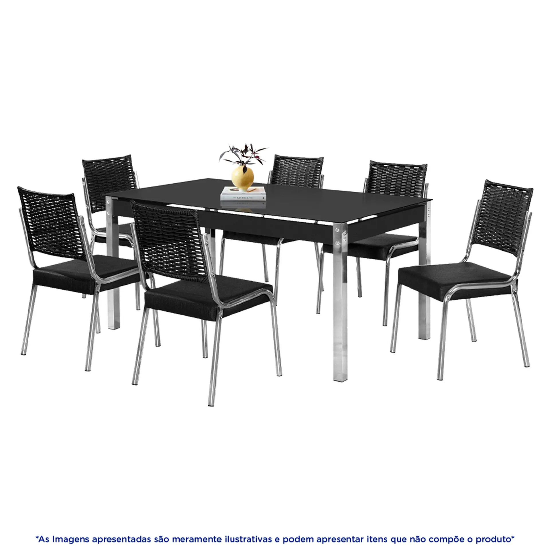 Conjunto de Mesa 6 Cadeiras Tampo de Vidro CR RT Aço Nobre - Cromada/Preto