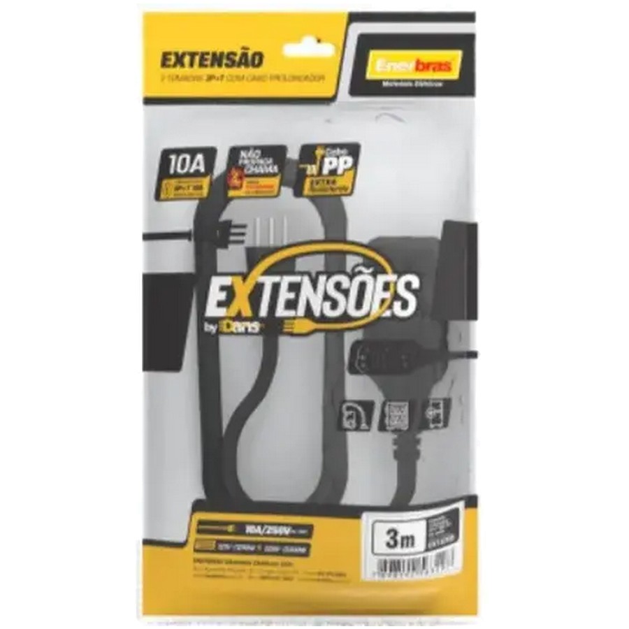 Cabo de Extensão 3 Tomadas Enerbras 10A 3m Tripolar Preto EXTE006