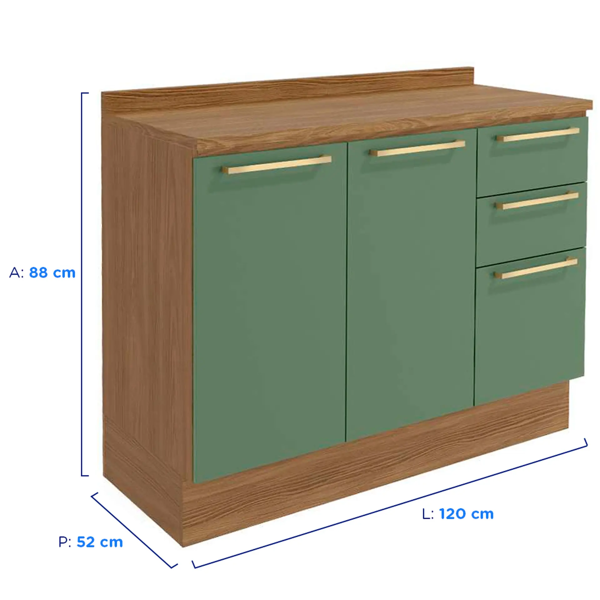 Balcão com Tampo 2 Portas 3 Gavetas 120cm MDP Botanic Kappesberg - Nog. Fosco/Verde Oliva