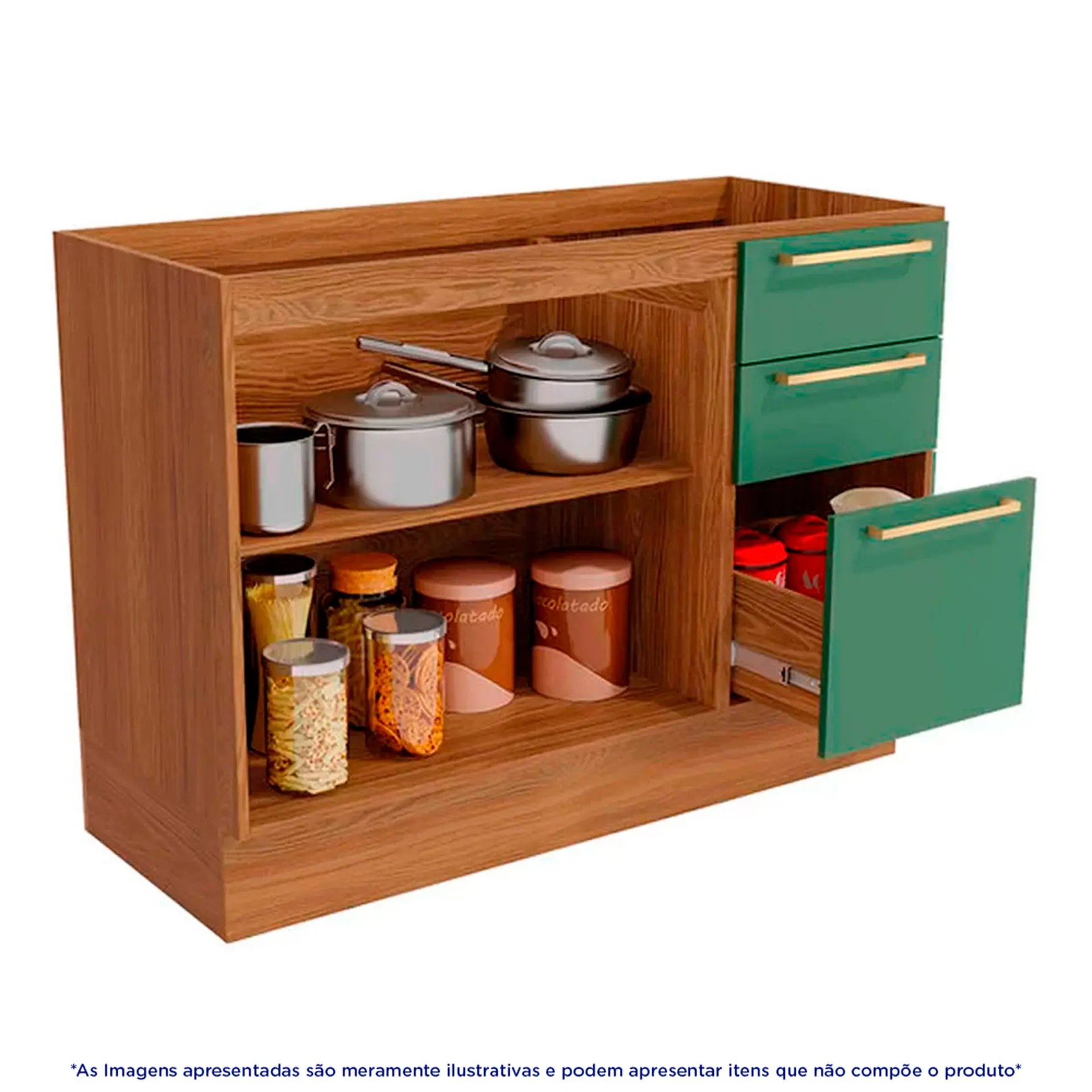 Balcão com Tampo 2 Portas 3 Gavetas 120cm MDP Botanic Kappesberg - Nog. Fosco/Verde Oliva