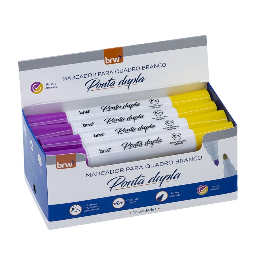 Caneta Quadro Branco 5mm Caixa com 12 Unidades Rosa e Amarelo - BRW - CA3022