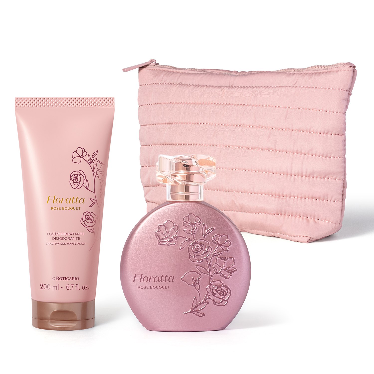 Combo Floratta Rose Bouquet: Desodorante Colônia 75ml + Loção Corporal 200ml + Nécessaire Premium