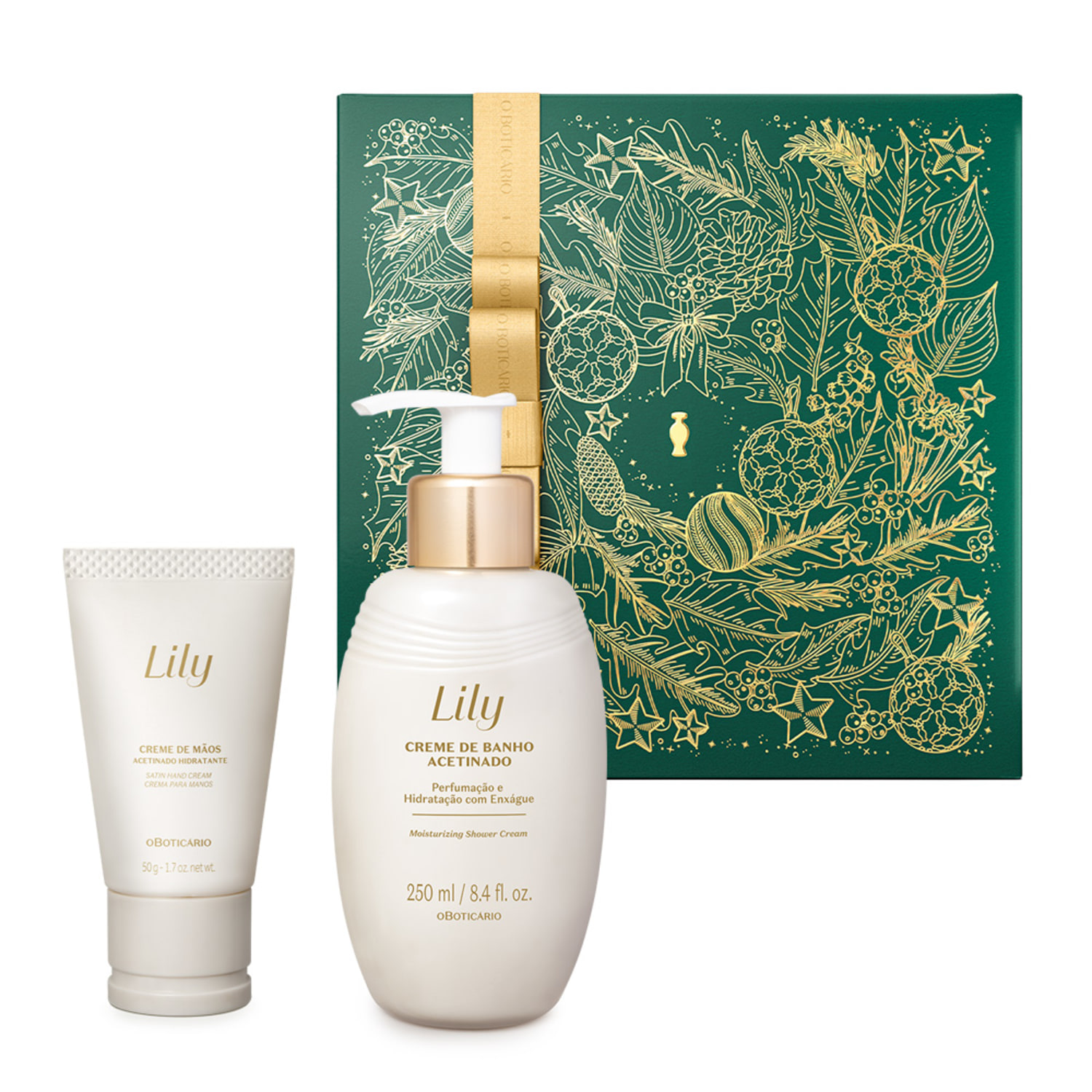 Combo Presente Natal Lily Acetinados: Creme de Banho 250ml + Creme Para Mãos 50g + Caixa De Presente