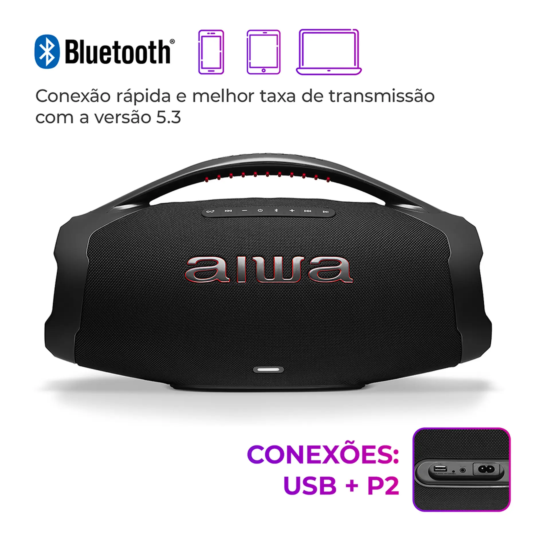 Caixa de Som Portátil Aiwa Boombox Plus 200W Bluetooth À Prova D'água BBS-01B - Preto