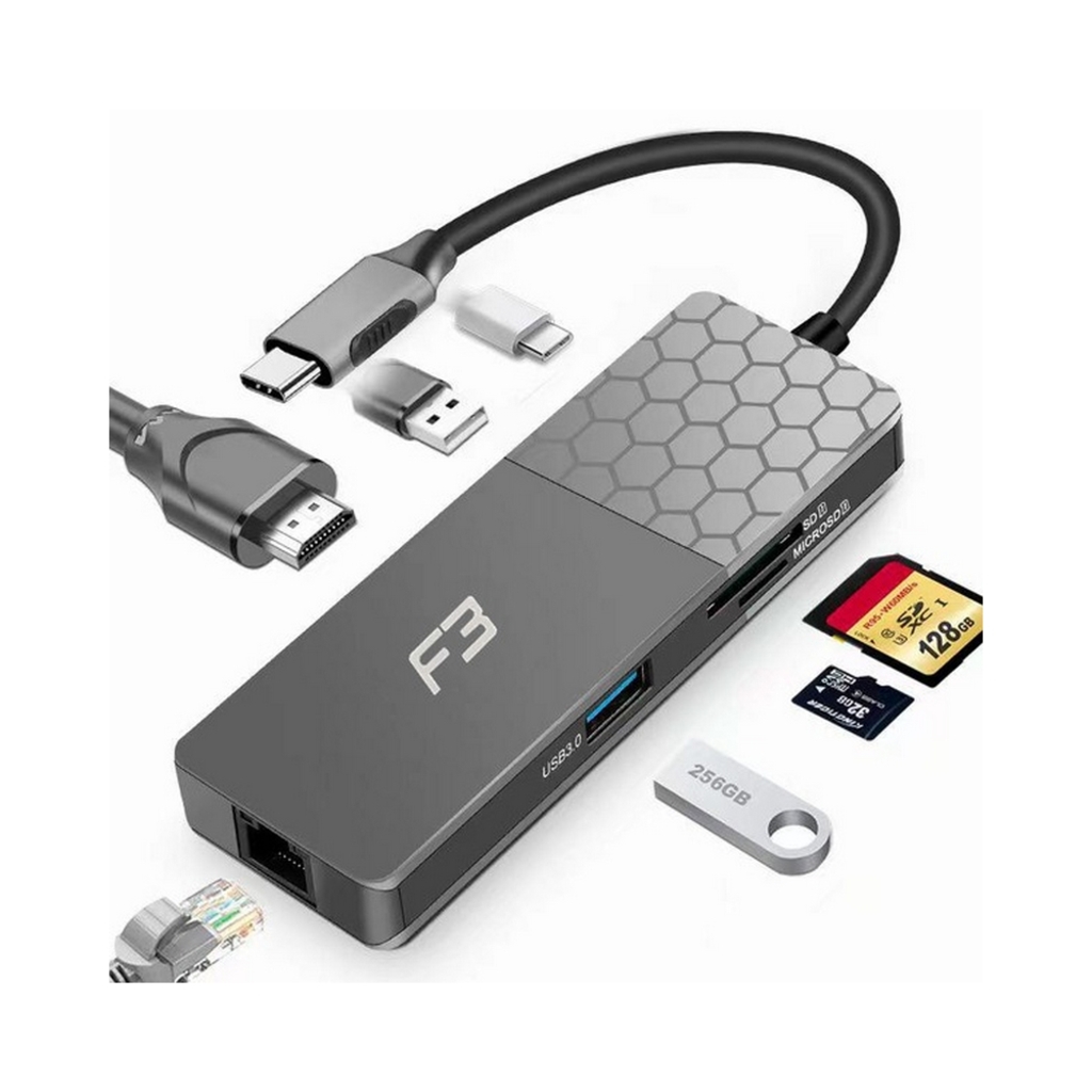 Conversor USB Type-C 3.0 Macho para 2 USB 3.0/ 1 HDMI 4K/ 1 RJ45 Gigabit/ Micro SD/ SD/ Type-C F3 - 1539