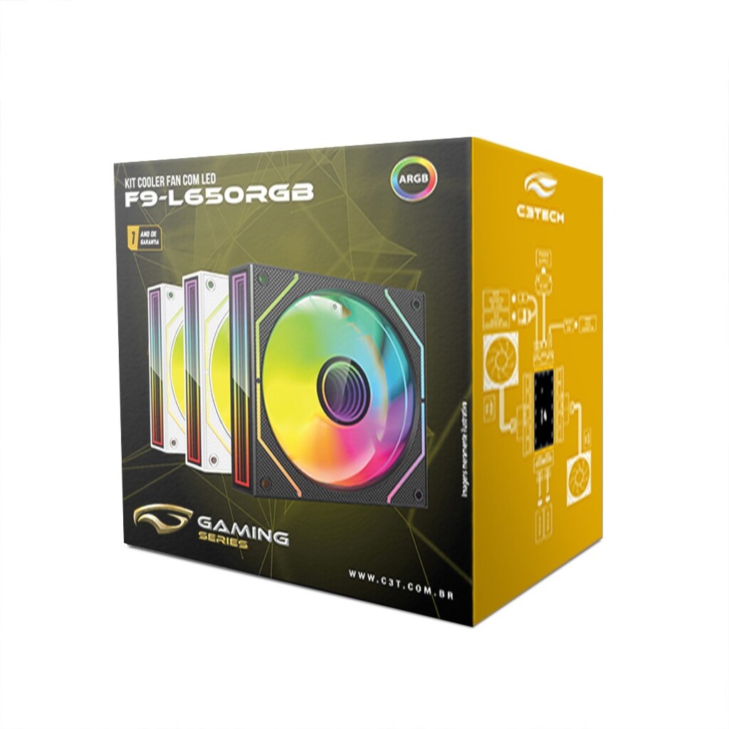 Kit Cooler com 3 Fans ARGB C3tech 120x120x25mm com Controle e Controladora - F9-L650BKRGB