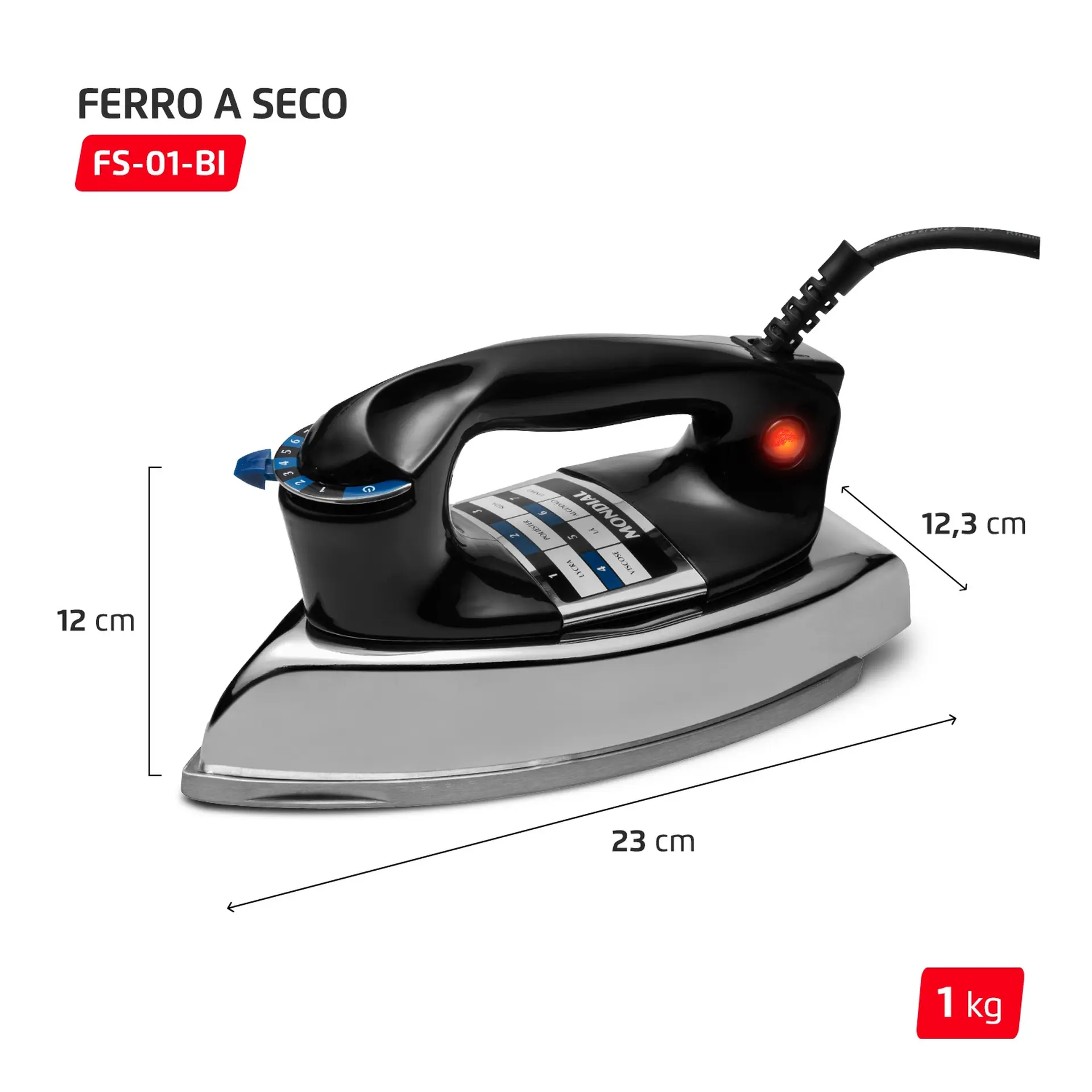Ferro de Passar a Seco Mondial FS-01-BI com Salva-Botões - Preto - 110 Volts