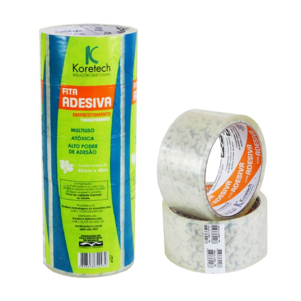 Fita Empacotamento Transparente 45mm x 40 Metros Koretech - Pacote com 5 Unidades - 12.10.4.0046