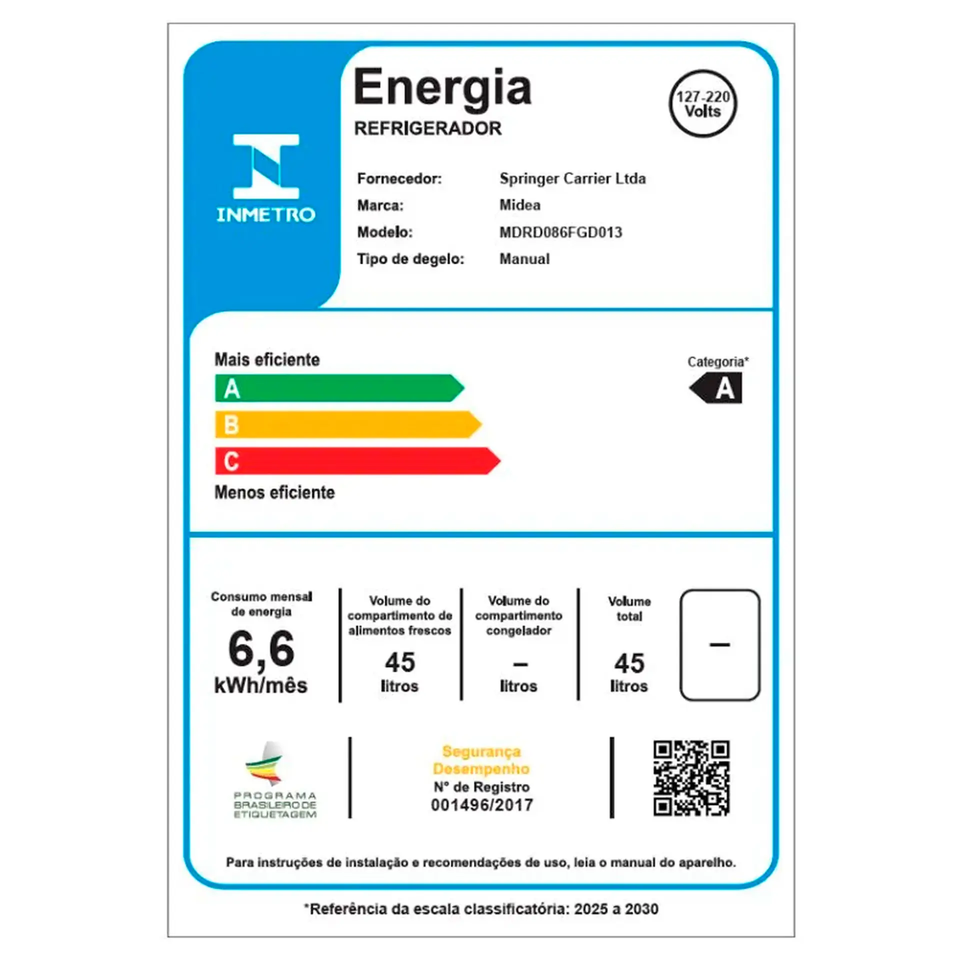 Frigobar 45 Litros Midea Inverter 1 Porta Degelo Manual MDRD08 - Branco - Bivolt