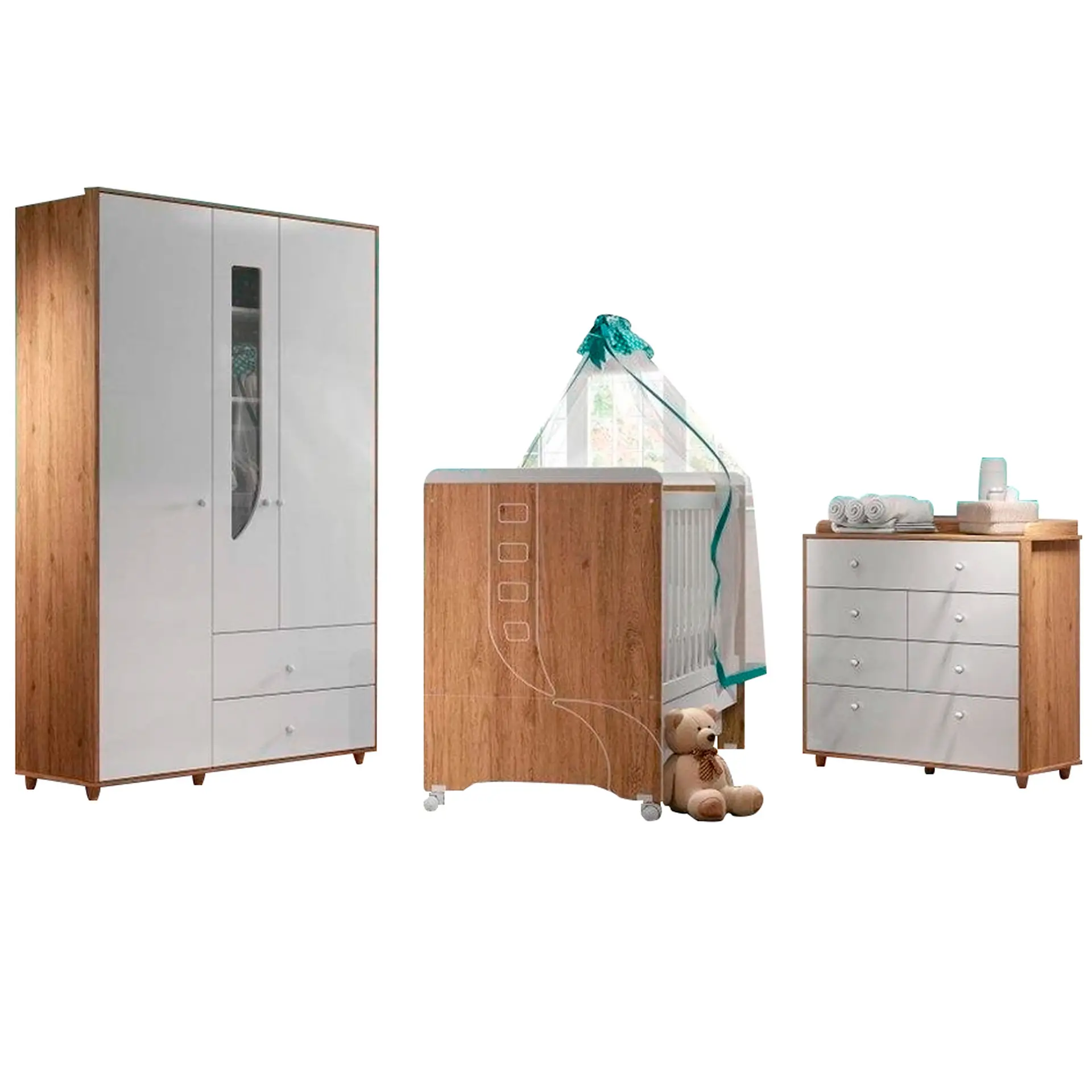 Quarto de Bebê Completo Berço Cômoda + Guarda-Roupa Pão de Mel Henn - Rustico/Branco