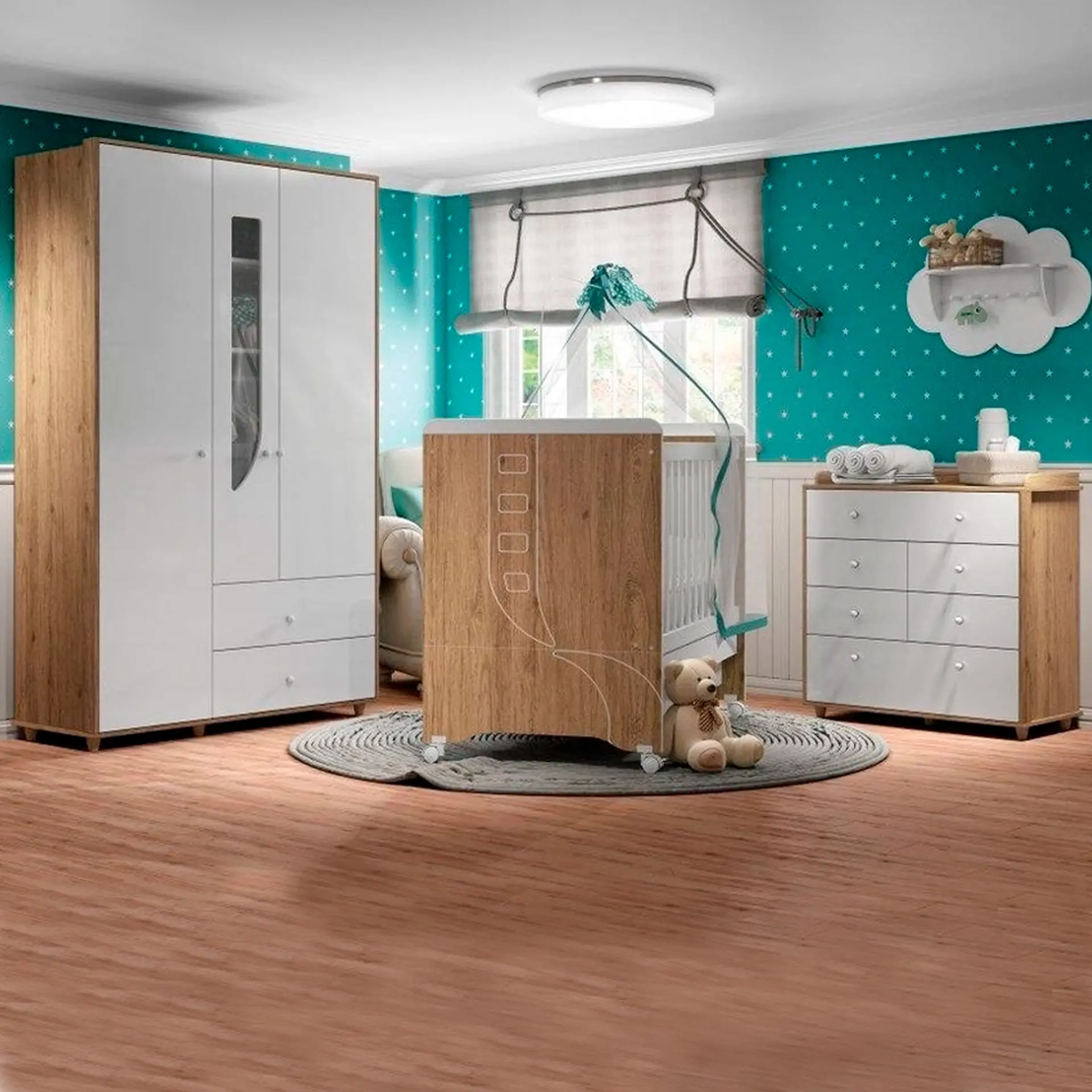 Quarto de Bebê Completo Berço Cômoda + Guarda-Roupa Pão de Mel Henn - Rustico/Branco